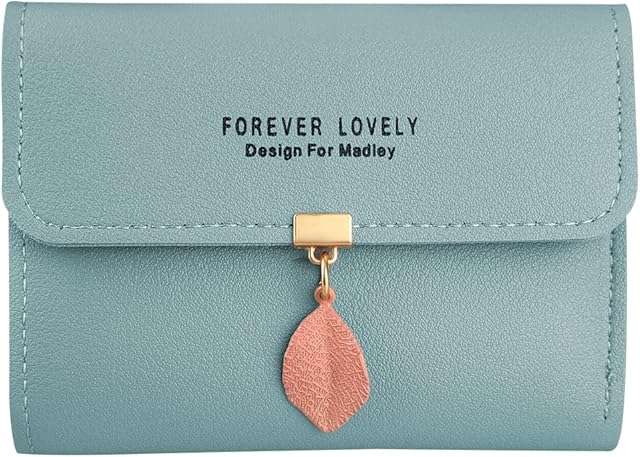 FuninCrea Purses for Women with Leaf Pendant, PU Leather Ladies Purse with Metal Snap Button, Bifold Womens Purse Short Leather Purse with Multiple Card Slots and Compartments for Girls (Blue)