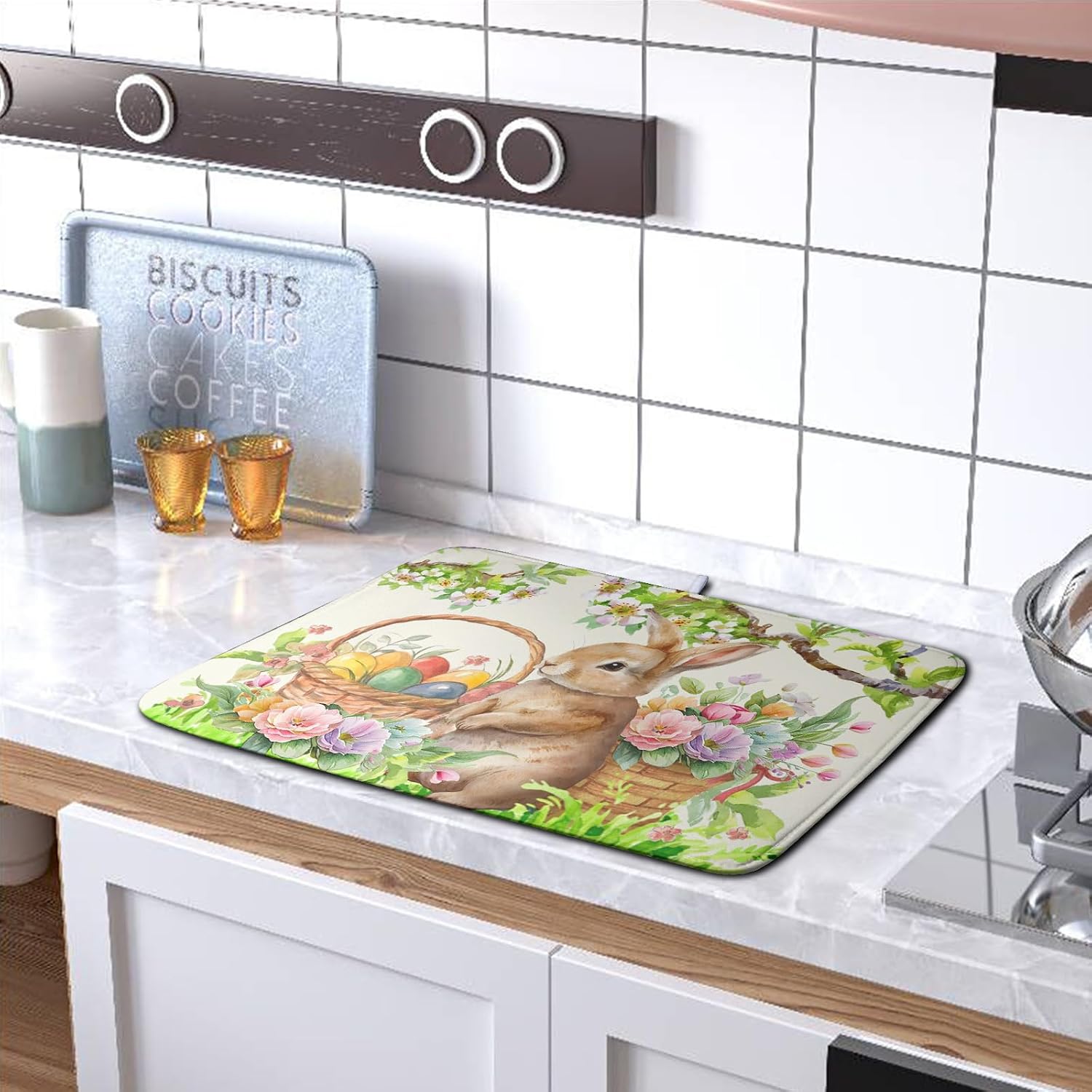 Happy Easter Bunny Kitchen Dish Drying Mat for Dishes 18x24 Inch Spring Colorful Floral Flower Basket Drying Mats Easter Eggs Dish Drainer Mat Super Absorbent Dish Rack Pad for Coffee Bar Sinks image 5