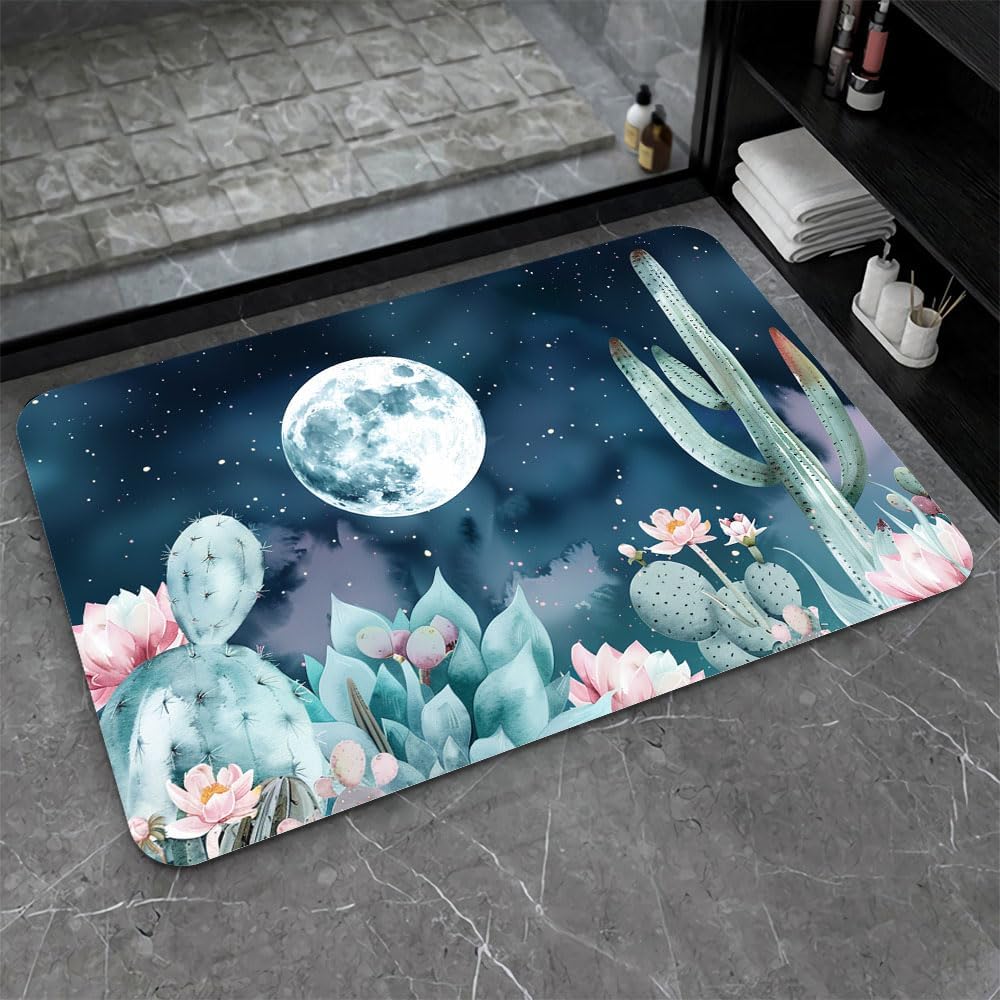 Diatomaceous Earth Bath Mat,The Moon and Cactus Non-Slip Volume Super Absorbent Fast Drying Eco-Friendly Easy to Clean for Bathroom Kitchen Door mat 16×24Inch (40 * 60cm)