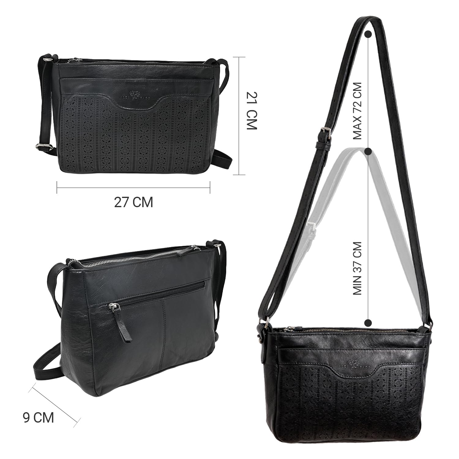 Laura Valle Bolso Bandolera Mujer Mediano Modelo Bella – Bolso Piel Auténtica Mujer Con Filigrana Repujada, Cremalleras Seguras y Múltiples Compartimentos Para Uso Diario Y Oficina
