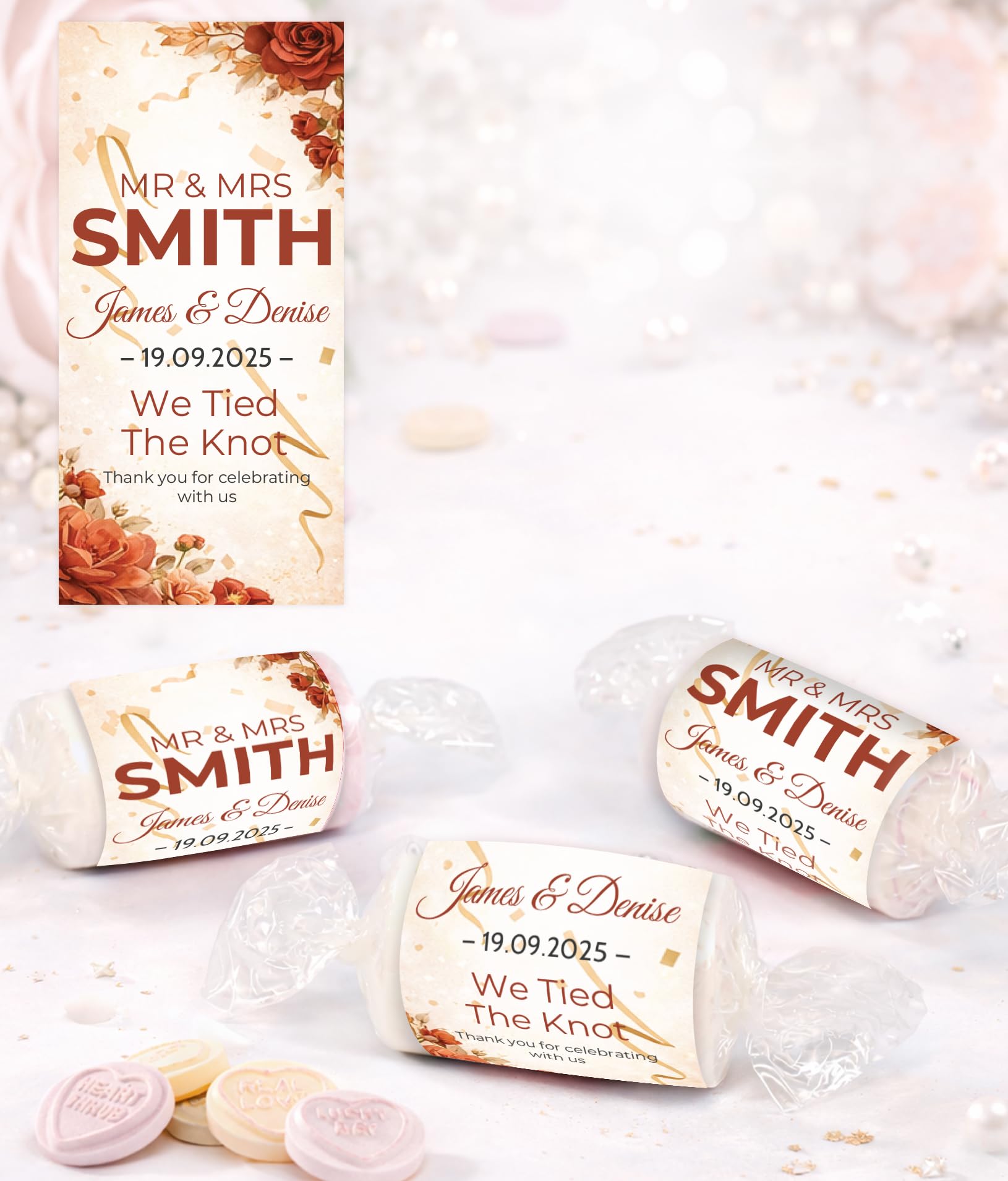 Personalised Wedding Favours Love Hearts Sweets, Custom Wrapped Mini Sweets, Happily Ever After Design, Mr & Mrs Wedding Favours UK (Terracotta)