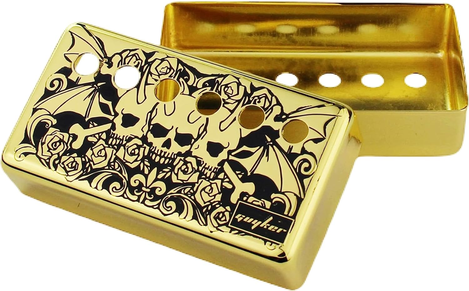 Guyker Humbucker Pickup Cover (50mm/52mm Pole Spacing) – Cupronickel Bridge and Neck Pickups Frame Set Replacement Parts for Les Paul LP Style Electric Guitar, Three Skull Pattern, PC006 Gold