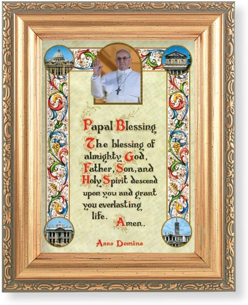 Papal Blessing Picture with Pope Francis, Antique Gold 5-1/2"x7 Frame with Acanthus-Leaf Edging Under Glass