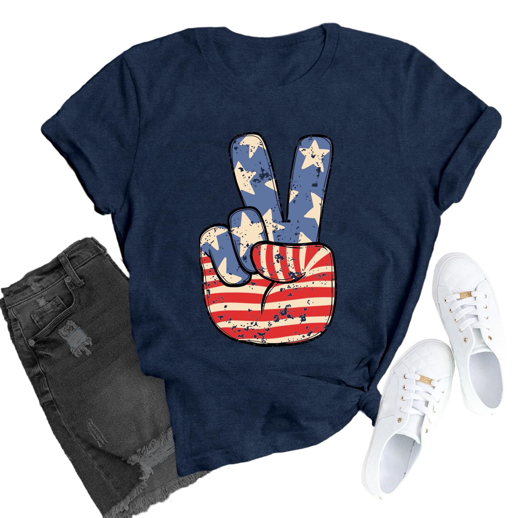 TUPOSU Womens American Flag Shirt USA Gnomes Firework Patriotic T-Shirt 4th of July Crewneck Tee