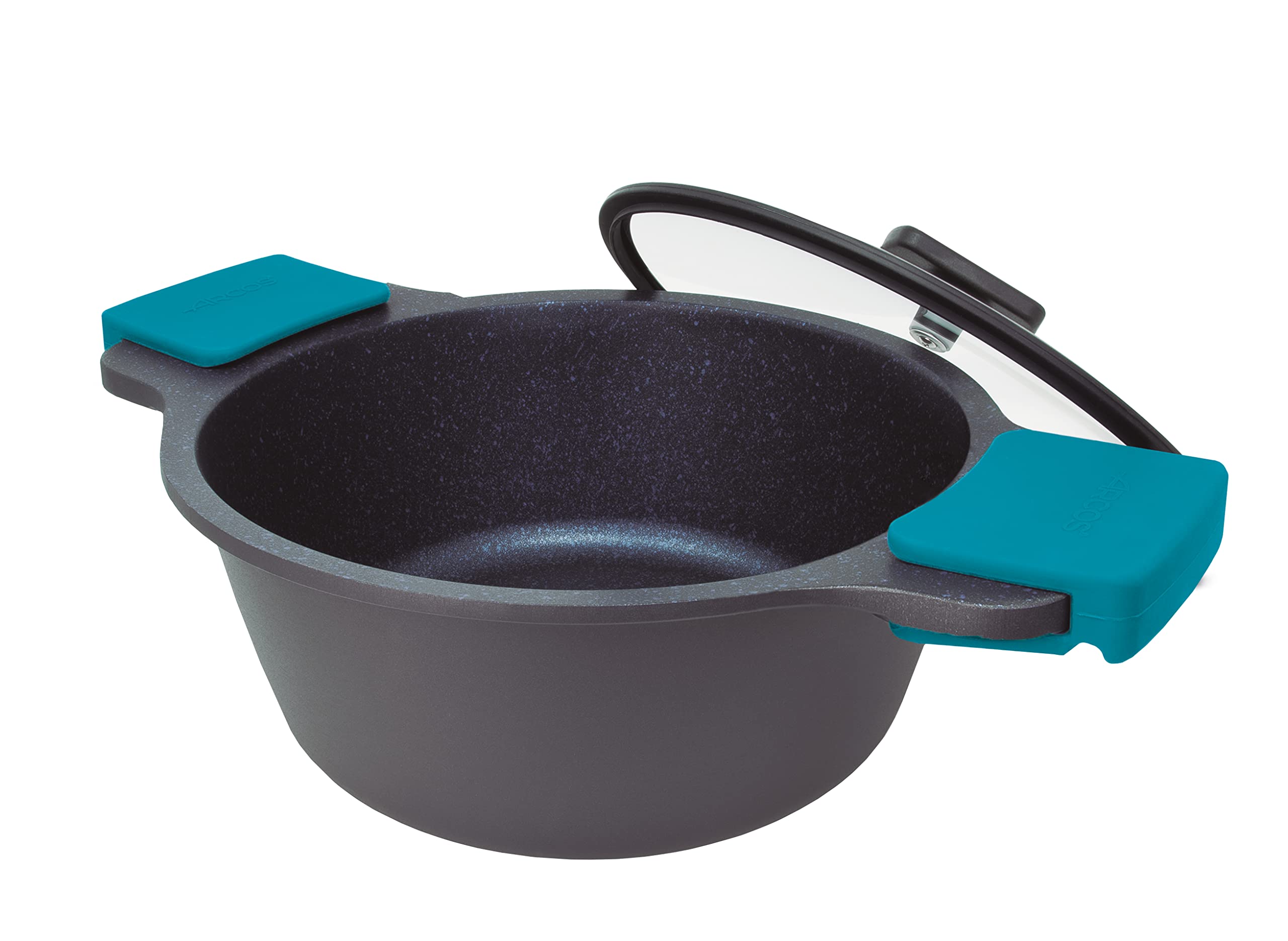Arcos Thera Olla Grande de Cocina de 28 Cm y 6,6 L. Cacerola Alta para Inducción, Gas y Vitro. Olla de Aluminio Fundido con Tapa de Cristal y Mango Extraíble. Apta Lavavajillas. Color Negro Azul