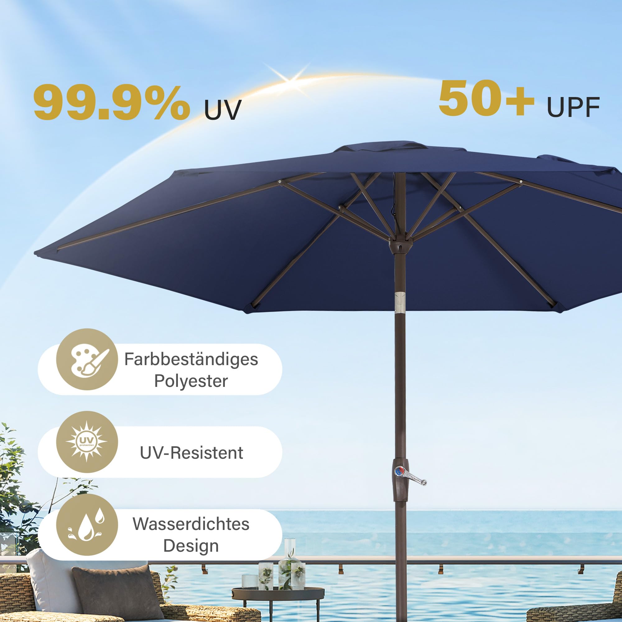 Palawano 2.3m Sonnenschirm, Neigbarer Gartenschirm mit Kurbel & Eisenmast, UV Schutz UPF 50+, Belüftetes Design, Sonnenschirm für Garten, Terrasse, Balkon & Strand, Marineblau