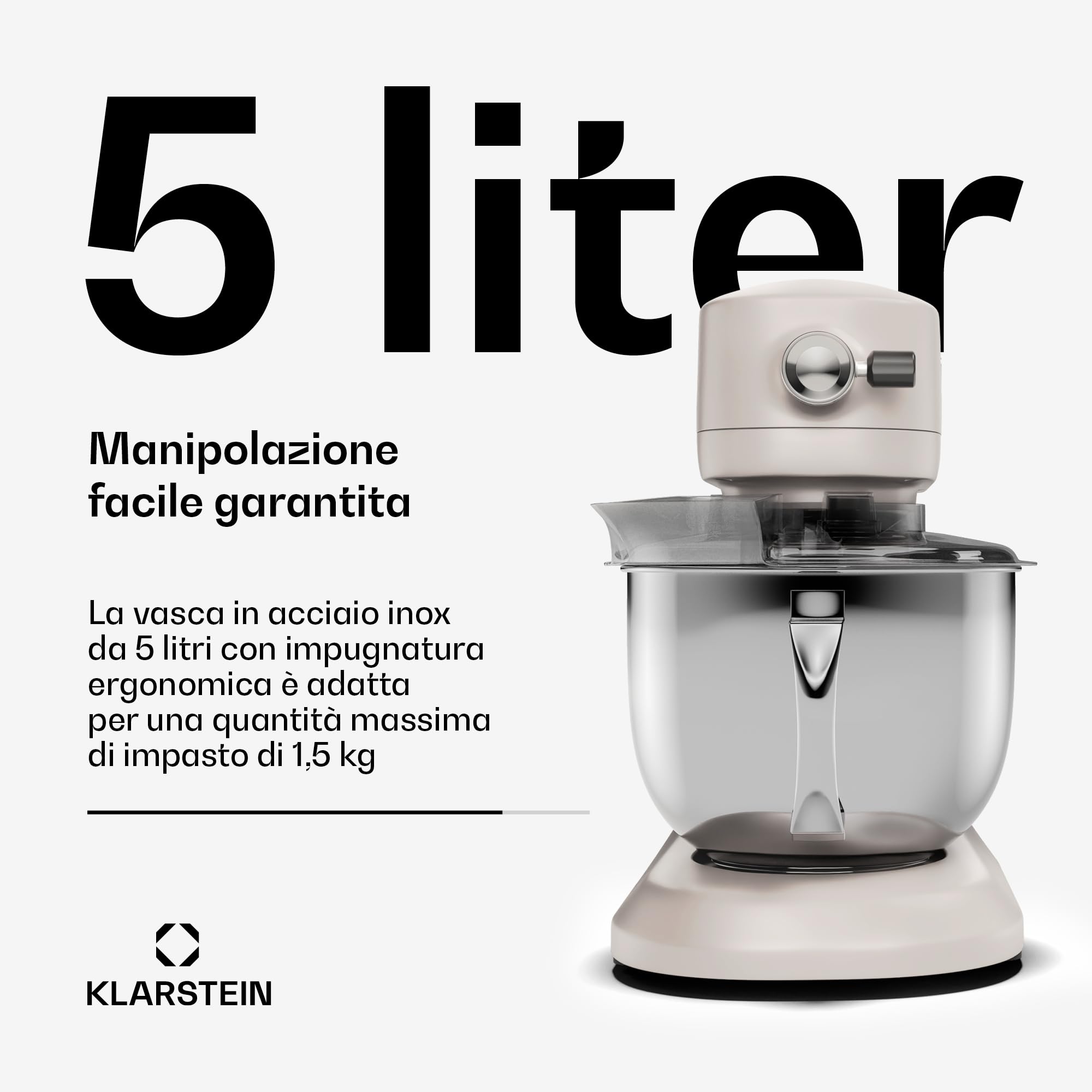 Klarstein Chiara - Robot da Cucina, 1600W–Ciotola da 5L in Acciaio Inox, 12 Velocità, Display LCD Touch, Silenzioso ≤72dB, Set Lavabile in Lavastoviglie, Alloggiamento in Alluminio Pressofuso, Sabbia