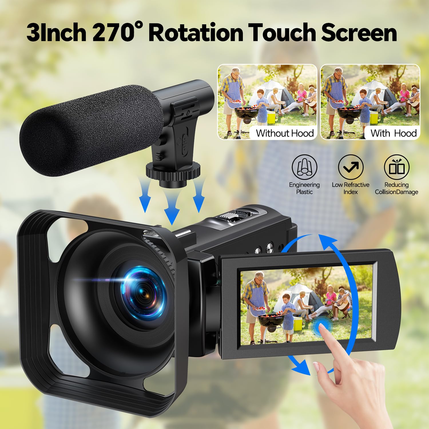 Videocámara 5K 56MP Cámara Vlog para YouTube, WiFi, Visión Nocturna IR, Zoom Digital 16X, Pantalla Táctil 3", Cámara web, Micrófono Externo, 2 Baterías, Tarjeta 64GB, Mando a Distancia, Trípode