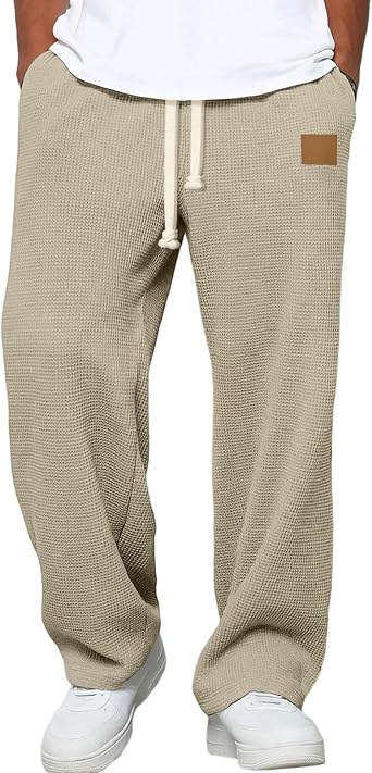 Waffle Sweatpants for Men Casual Vintage Straight Leg Sweatpants Baggy Comfy Drawstring Lounge Pants with Pockets