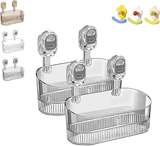 2026 New No Drill Bathroom Suction Storage Box with 3 Adhesive Hooks, Large Capacity Strong Load-Bearing Rack with Drain Holes, Removable Shower Caddy Wall Mount Kitchen Organizer (Gray)