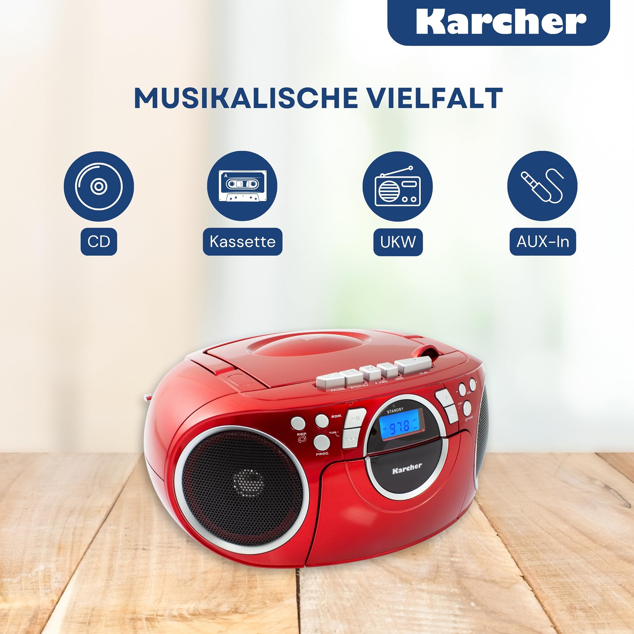 Karcher RR 5042-R tragbares CD Radio/Boombox mit CD-Player und Kassettenspieler (UKW, Batterie-/Netzbetrieb, AUX-In) rot