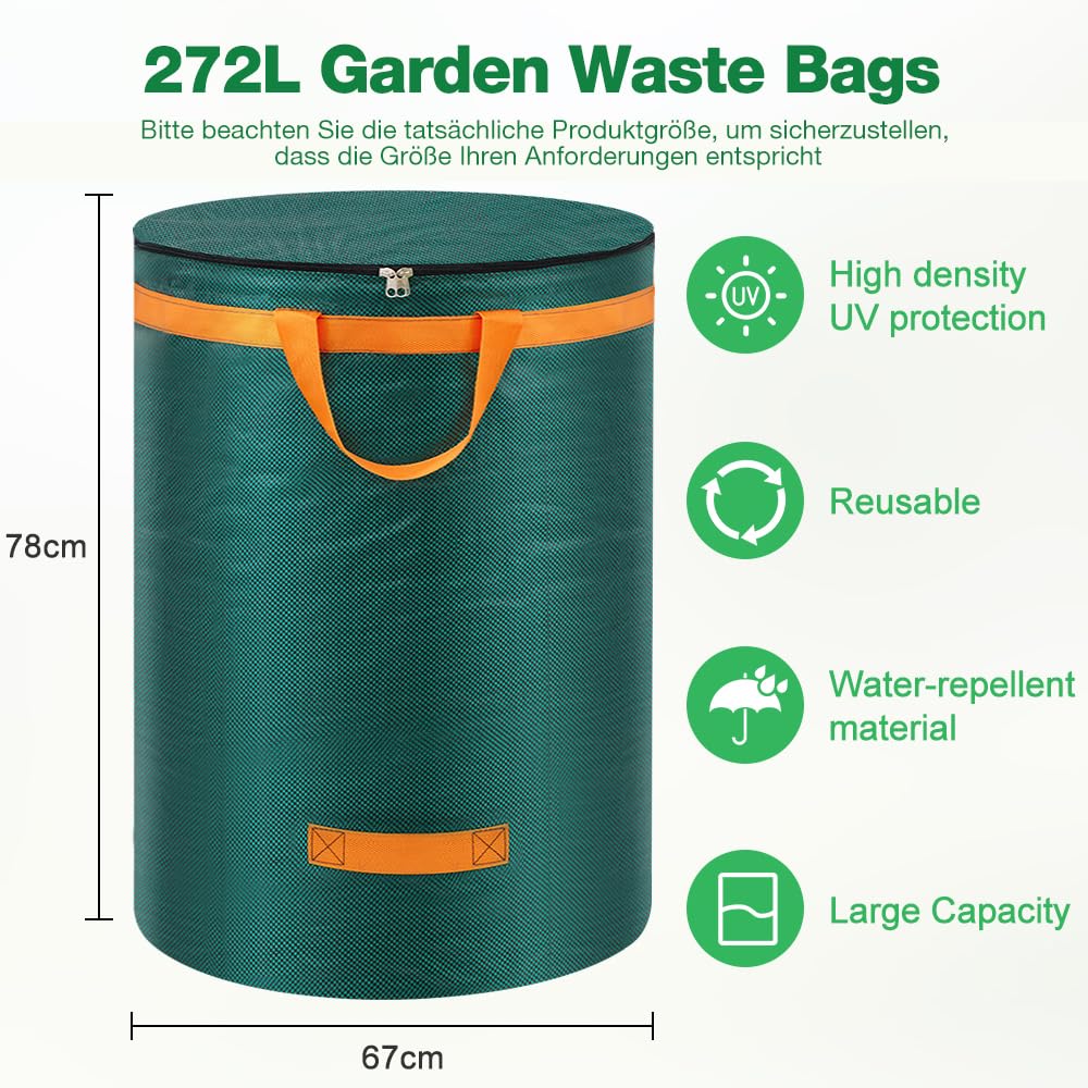 Eurhomewit 3 x 272 L Sacchi Giardinaggio con Coperchio e Maniglie, Sacchi per Raccogli Foglie da Giardino, Sacchi per rifiuti da giardino Riutilizzabili per Foglie, Erba, Sterpaglie,67cm*78cm