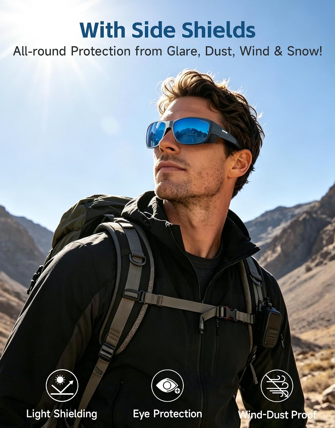 DEAFRAIN Blue Super Dark Polarized Sunglasses with Removable Side Shields image 2