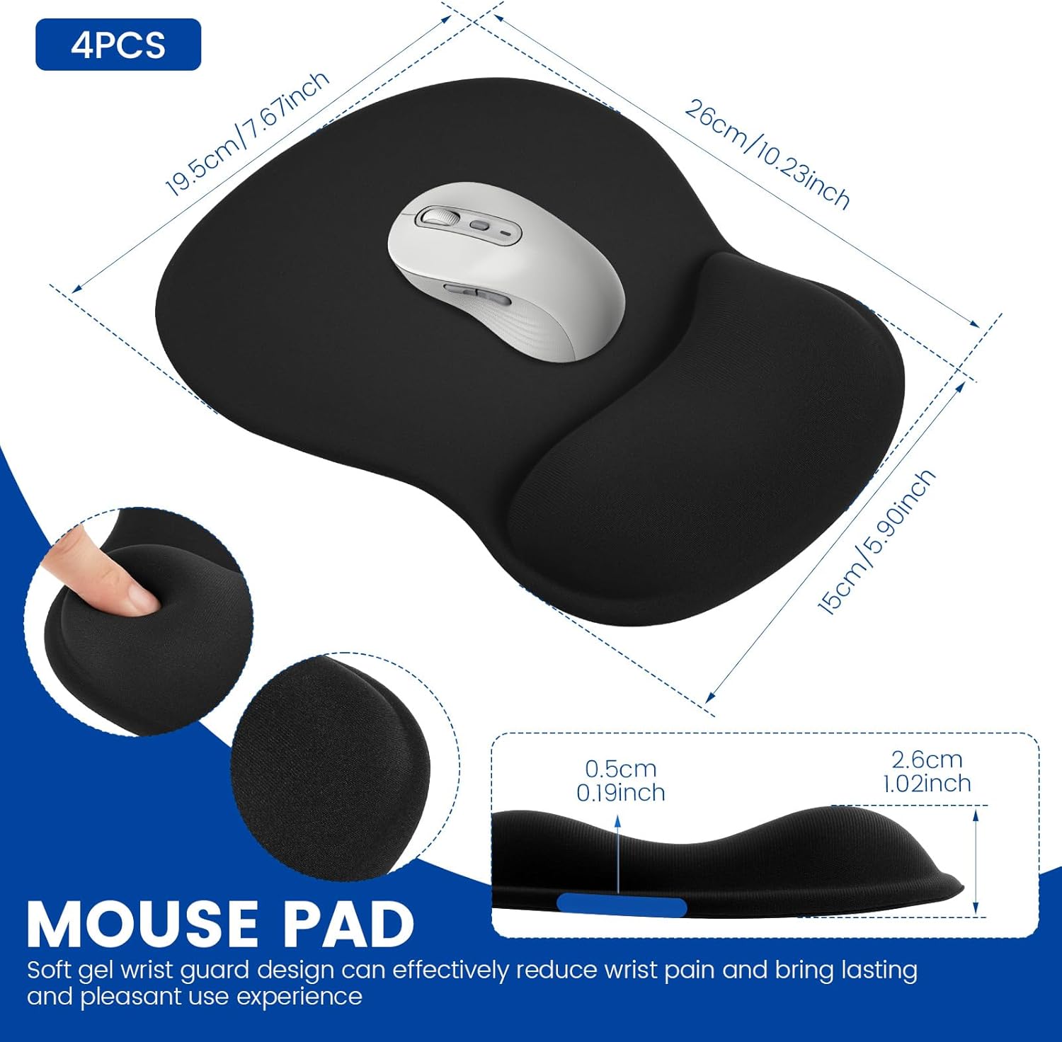 Ergonomic Mouse Pad with Gel Wrist Rest 4 Pack, Smooth Wrist Support Surface, Comfortable Mousepad with Non-Slip Base for Laptop, Computer, Office & Home Desk Accessories.