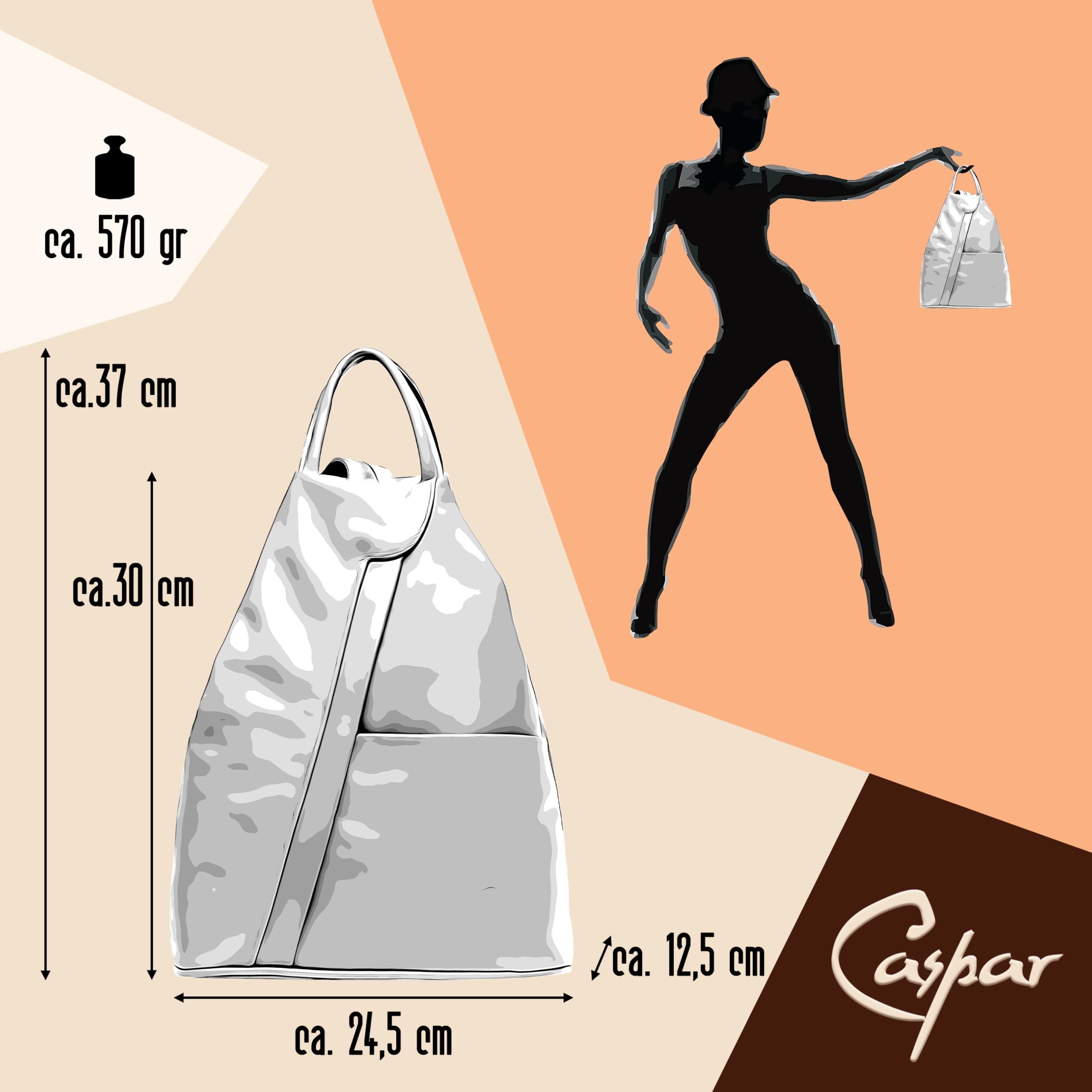 Caspar 2in1 Leder Rucksack Schultertasche Sportlich Elegante Damen Handtasche - SIGNATURE LINE - Modell No.782 - Made in Italy, Farbe:schwarz/cognac, Accessoires:One Size