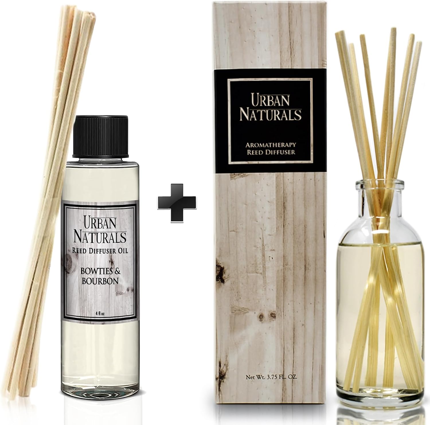 Urban Naturals Bow Ties & Bourbon Reed Diffuser Refill, 4 oz, Bundle with Bow Ties & Bourbon Reed Diffuser Set - Made with Essential Oils in The USA