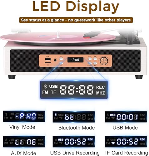 Miniatura 3 de Tocadiscos Bluetooth con altavoces estéreo integrados y externos, tarjeta USBTF y grabación de PC, tocadiscos vintage de 3 velocidades con salidas