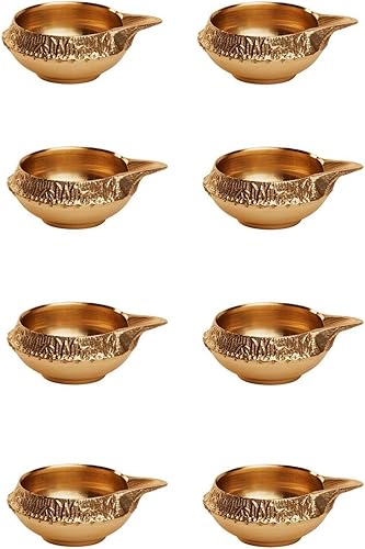 Miniatura 3 de Lámpara de aceite Puja india de latón hecha a mano, lámpara de Diya dorada con diseño grabado para Diwali Pooja de 2.5 pulgadas (12)