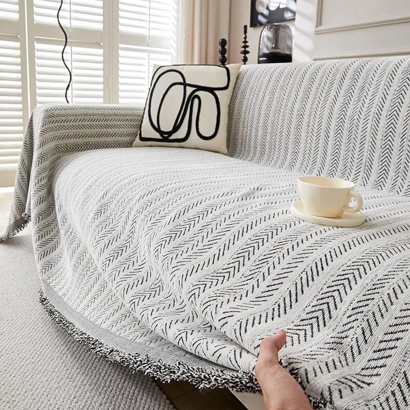 Chenille Sofa Cover - Cat-Proof & Anti-Scratch Couch Protector Slipcover with Tassels | Universal Fit for 1 2 3 4 Seater L U Sofas | Simple Modern Solid Colour Sofa Throw (Black 130 * 180cm)