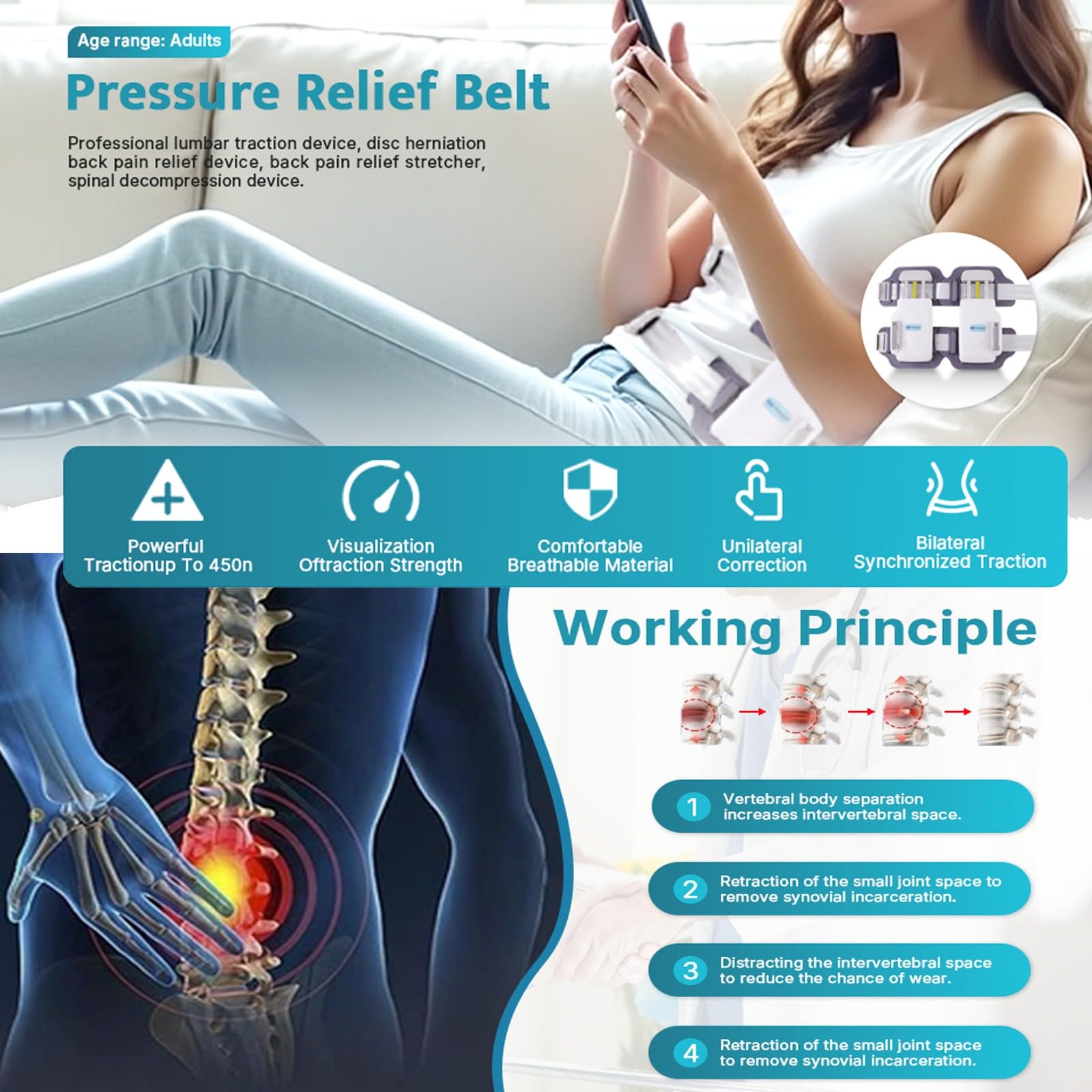 Lower Back Traction Devices for Home Use, Spinal Decompression Belt Bilateral Synchronization And Dynamically Adjustable, Stretcher for Lower Back Pain Relief