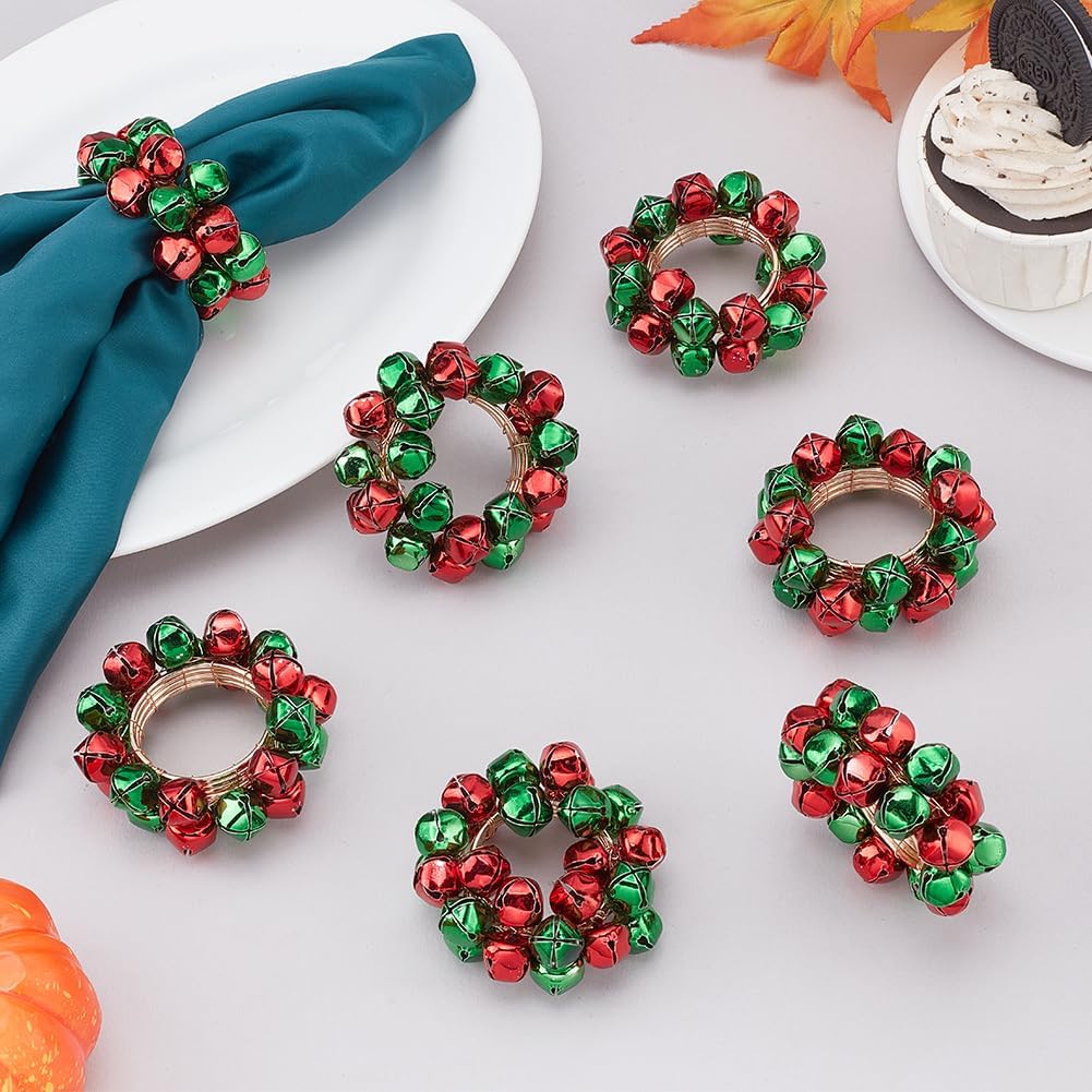 PLIGREAT Christmas Napkin Rings Set of 12, Red Green Bell Napkins Ring Holders Classic Jingle Bell Napkins Rings Metal Napkin Ring Buckles for Christmas Dinner Party Wedding Table Decoration