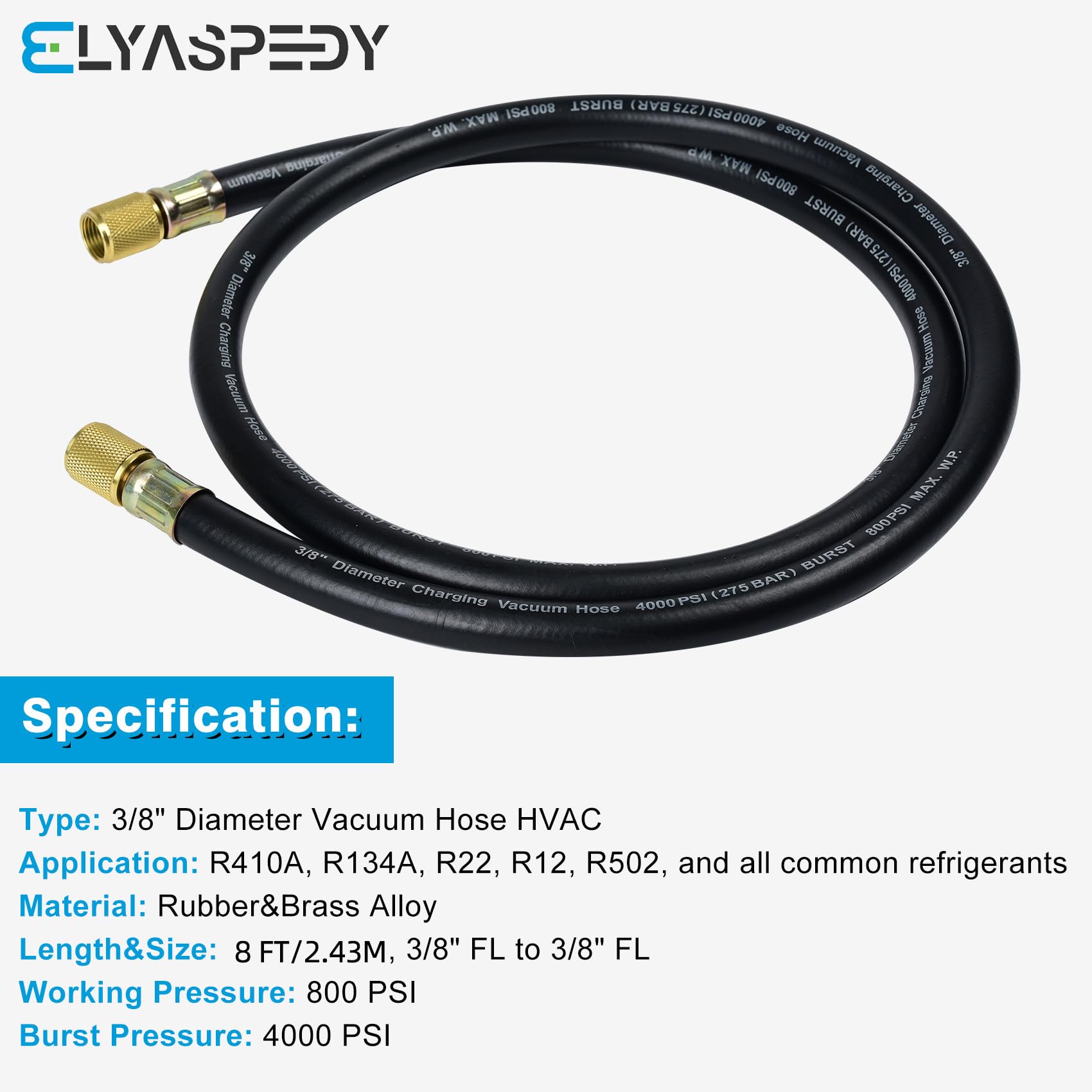 HV1 - Manguera de vacío de 3/8 pulgadas, accesorios: 3/8 pulgadas x 3/8 pulgadas, presión de trabajo: 800 (Psi), presión de ráfaga: 4000 (Psi), compatible con la mayoría de equipos de refrigeración y
