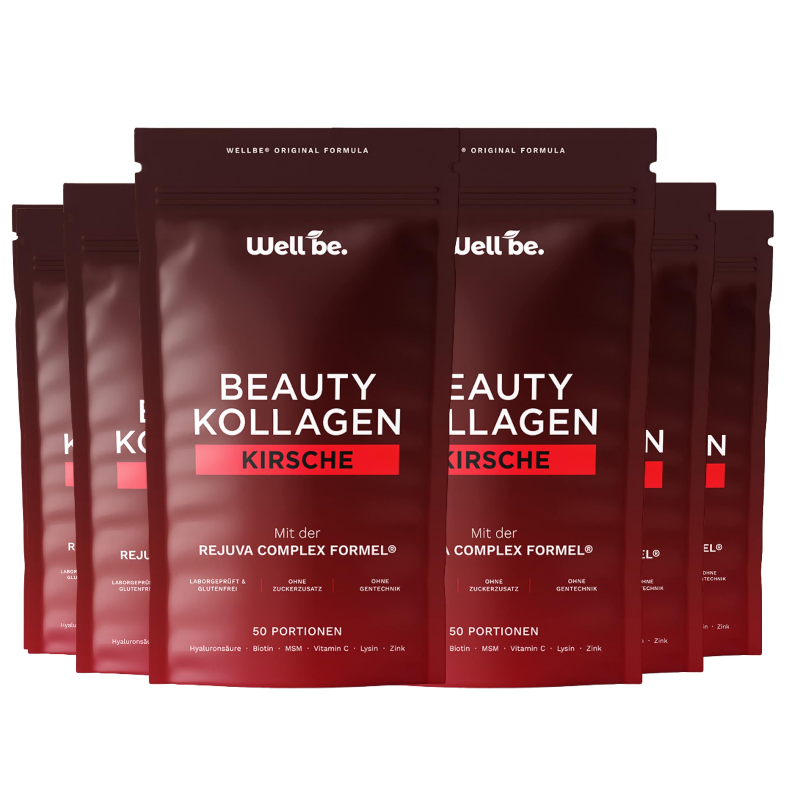 Wellbe Kollagen Pulver Kirsche - hochdosiert mit maximal bioaktivem Kollagen Hydrolysat, Biotin, Zink, Vitamin C & Hyaluron - Collagen Pulver - Kollagenpulver Peptide Made in Germany 6x250g
