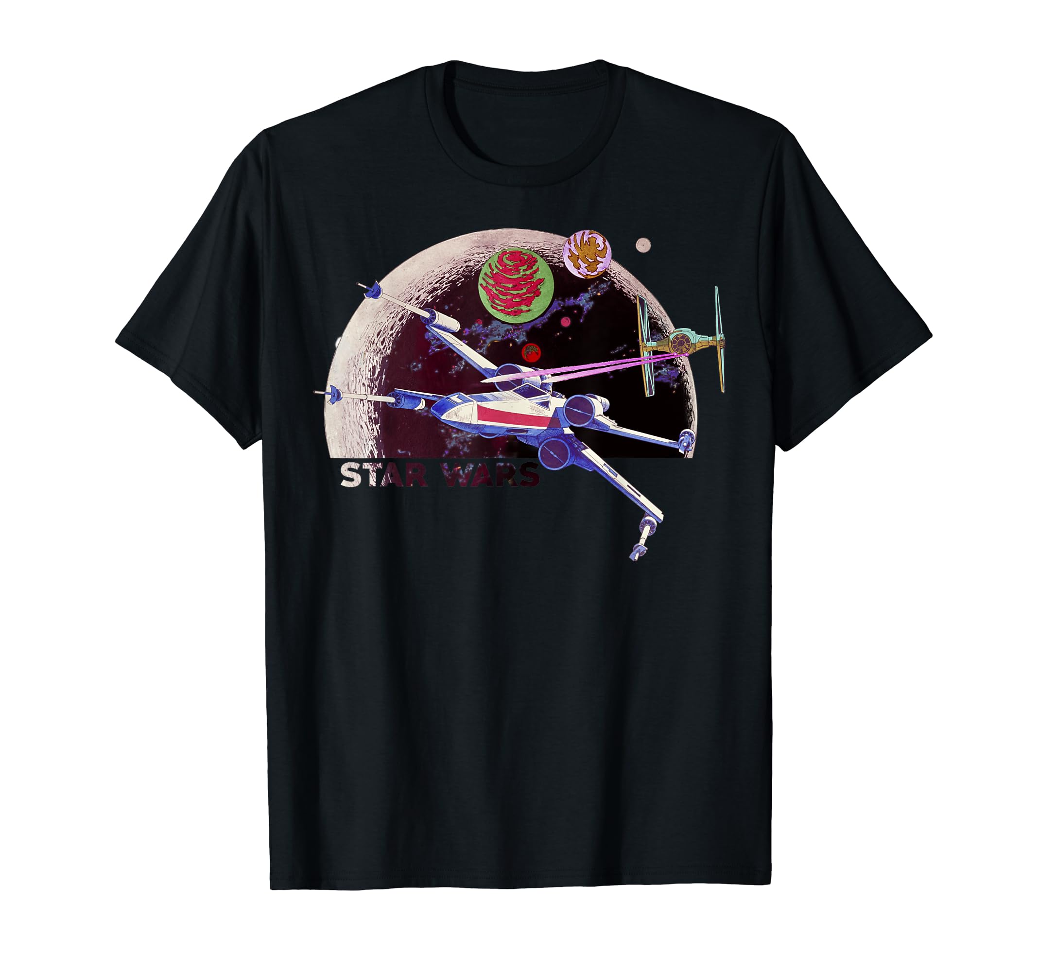 Star Wars X-Wing Chased By Tie Fighter Retro Planet T-Shirt, Black