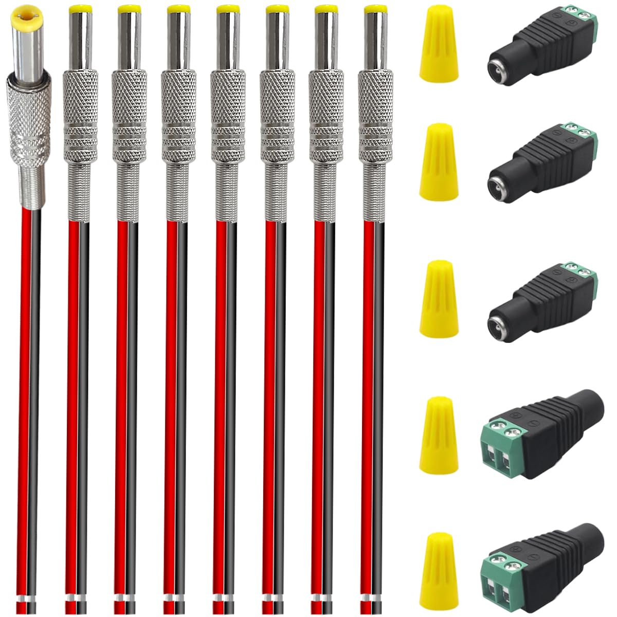 8PCS 10A DC Power Cable Jack Plug Adapter Male Connector 5.5mm x 2.5mm Barrel Socket with 18AWG Wire for CCTV Security Camera DVR DIY Toys 5PCS 12V DC Female Connector Plug Wiring Cap