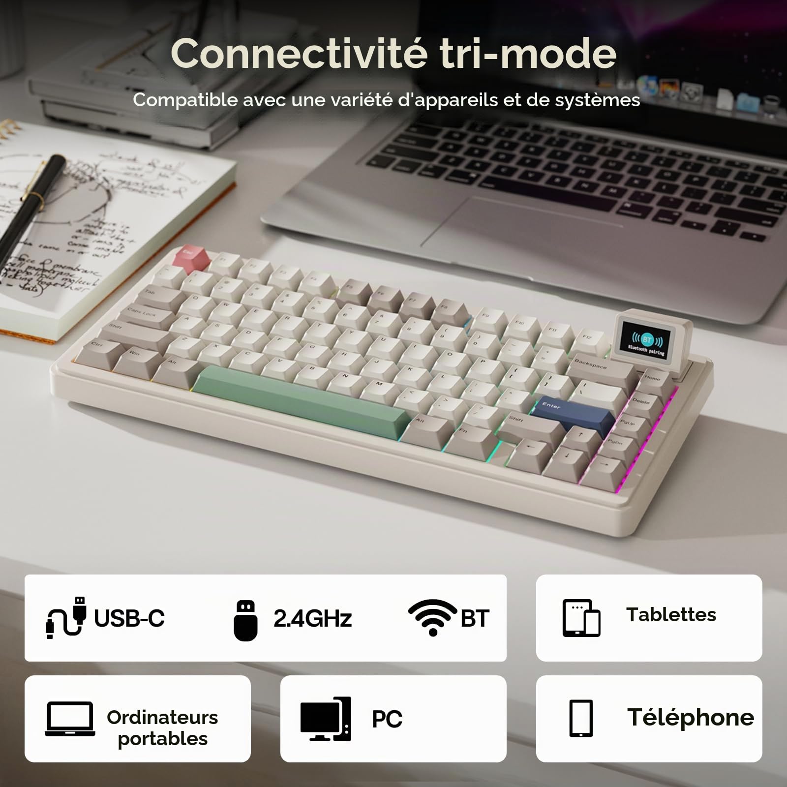 EPOMAKER RT82 Clavier Mécanique sans Fil avec Écran, Personnalisable Via | 2.4GHz/USB-C/BT5.0, RVB, Gasket, 5 Couches d'Amortissement, Keycap PBT, Clavier Gaming Hot-Swap,QWERTY (Creamy Jade)