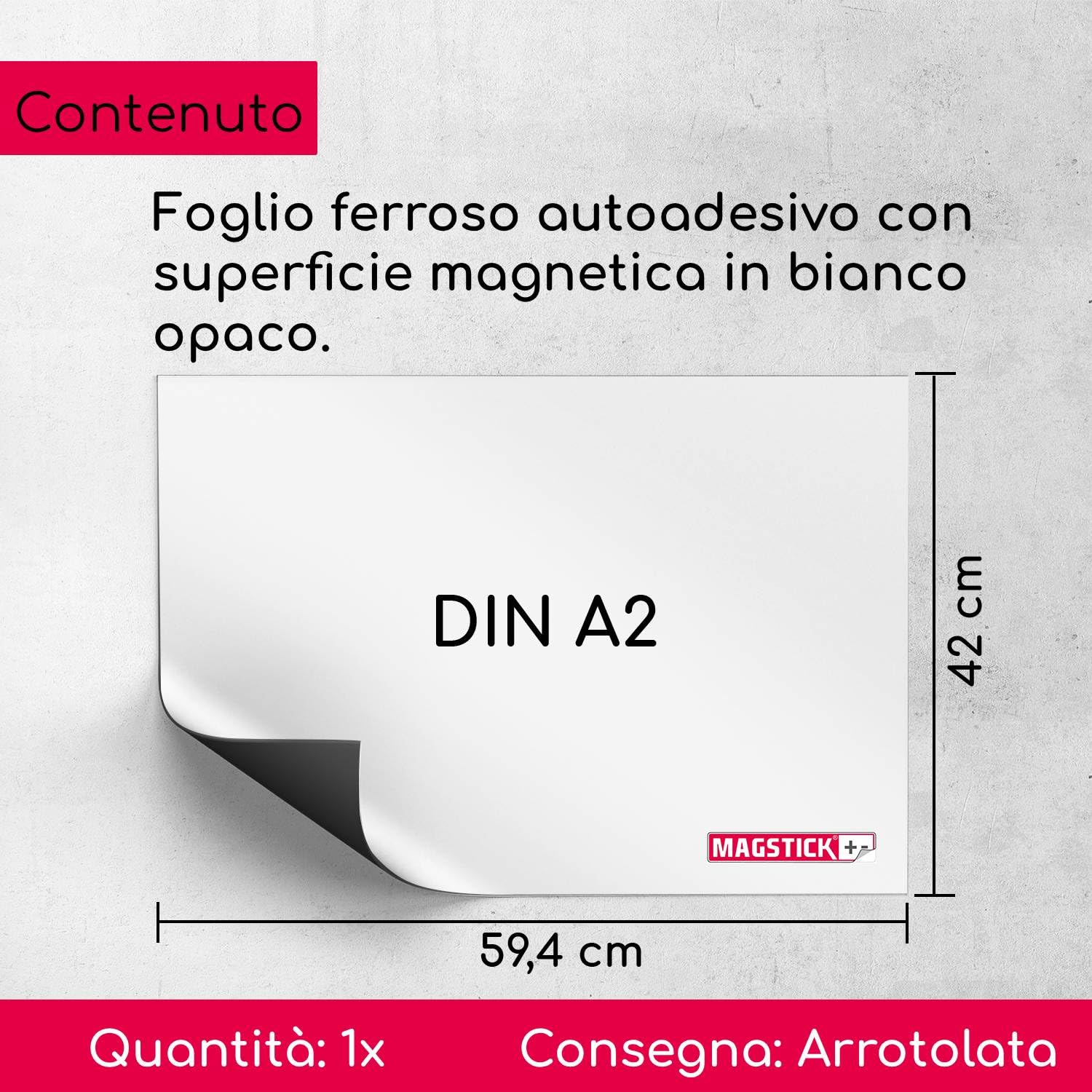 Magstick I Foglio ferroso adesivo per calamite, rivestimento bianco I DIN A2 594 x 420 mm, spessore 0,6 mm I Base flessibile magnetica fai da te per casa e ufficio I mag009