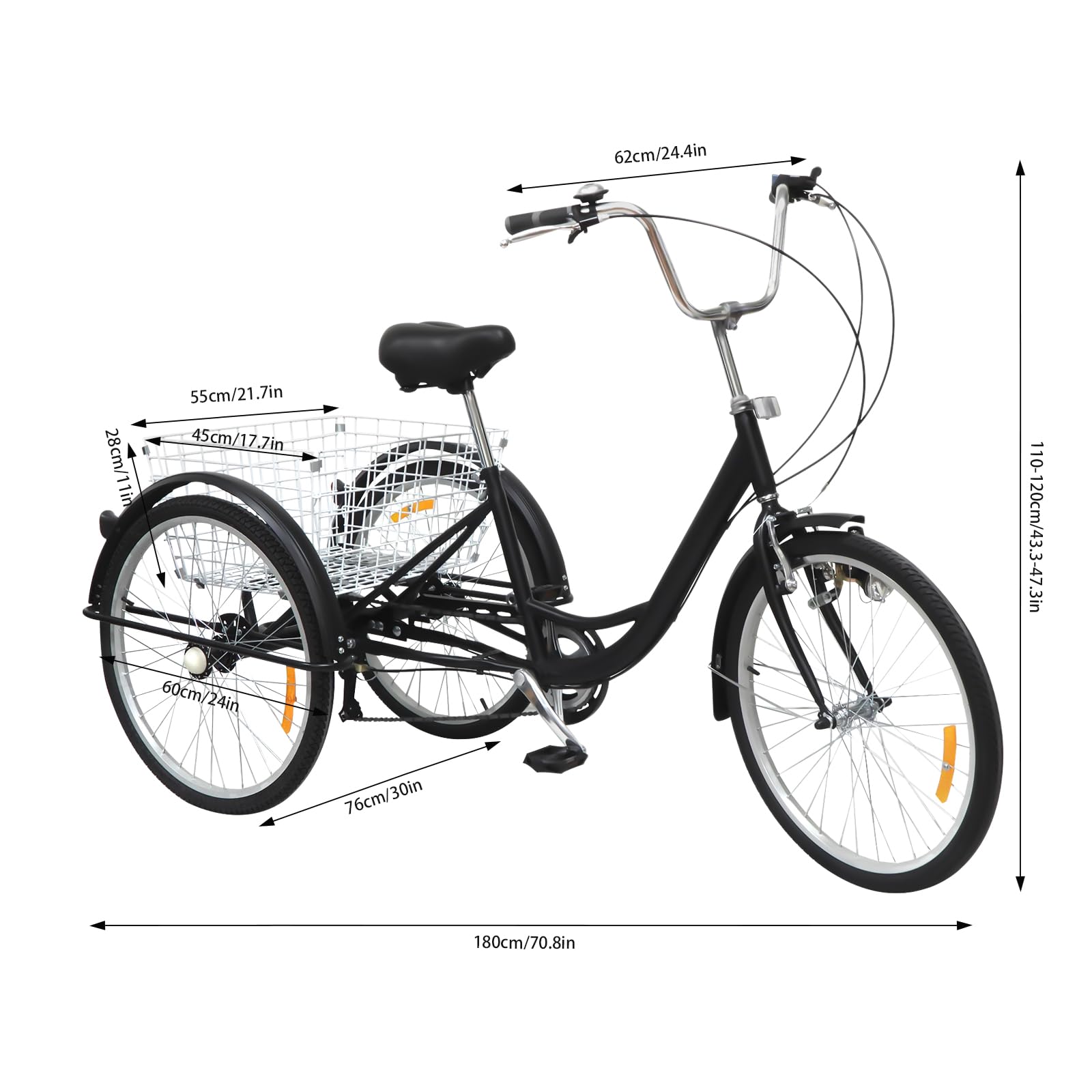 Triciclo adulto 24 pulgadas 3 ruedas 6 velocidad bicicleta triciclo cruiser con cesta y luces para montar a caballo, picnic, ir de compras o hacer otras actividades al aire libre, negro,