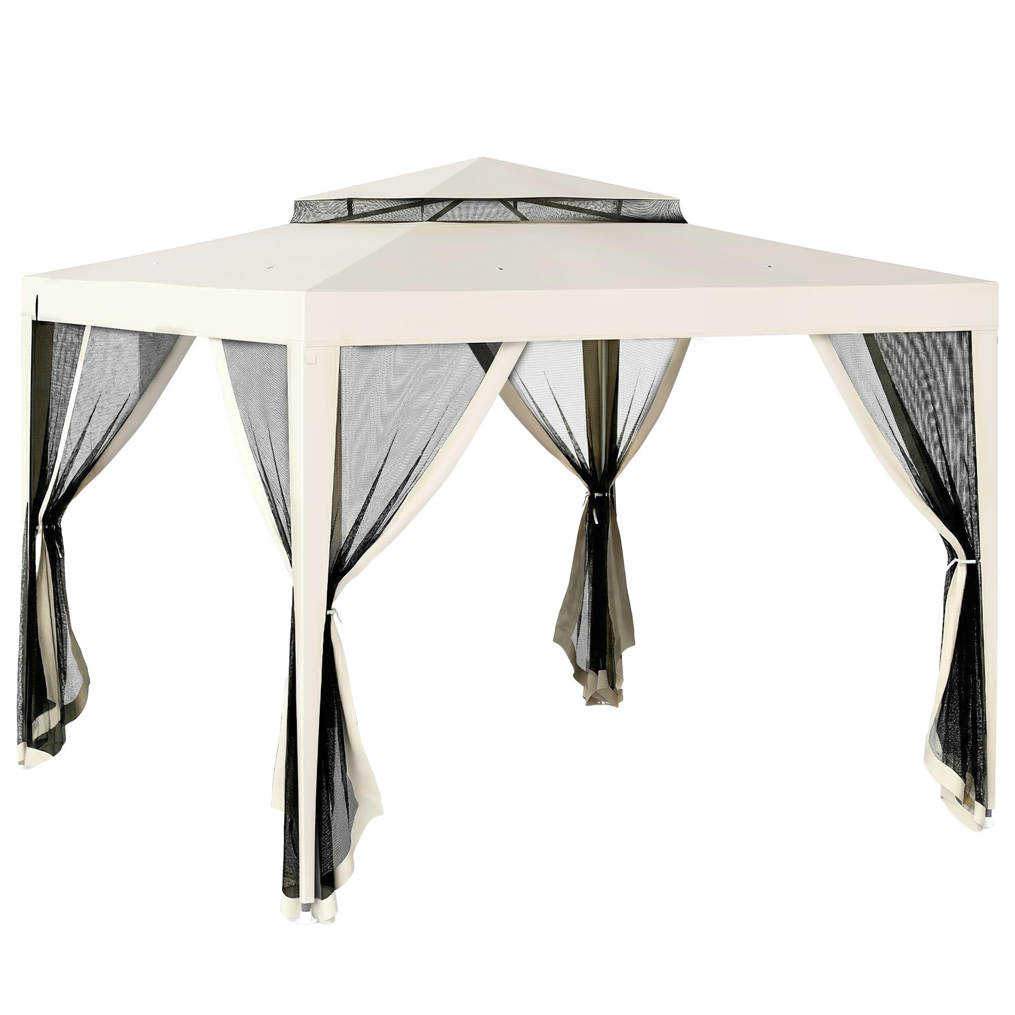 Outsunny Carpa de Jardín 3x3 m Cenador con 4 Mosquiteras Laterales con Cremallera Techo de Ventilación y 8 Orificios de Drenaje Gazebo para Terraza Patio Exterior Beige