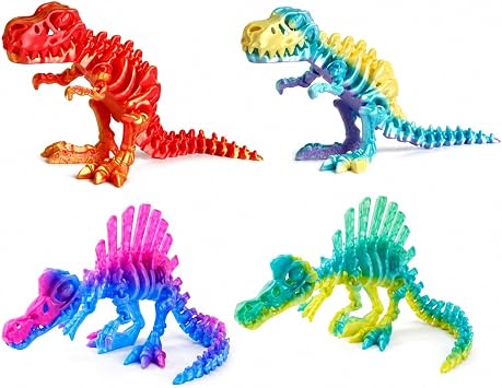 4PCS 3D Printed Dino Skeleton Models, Gradient Rainbow, Posable Joints, 2 T-Rex & 2 Spinosaurus
