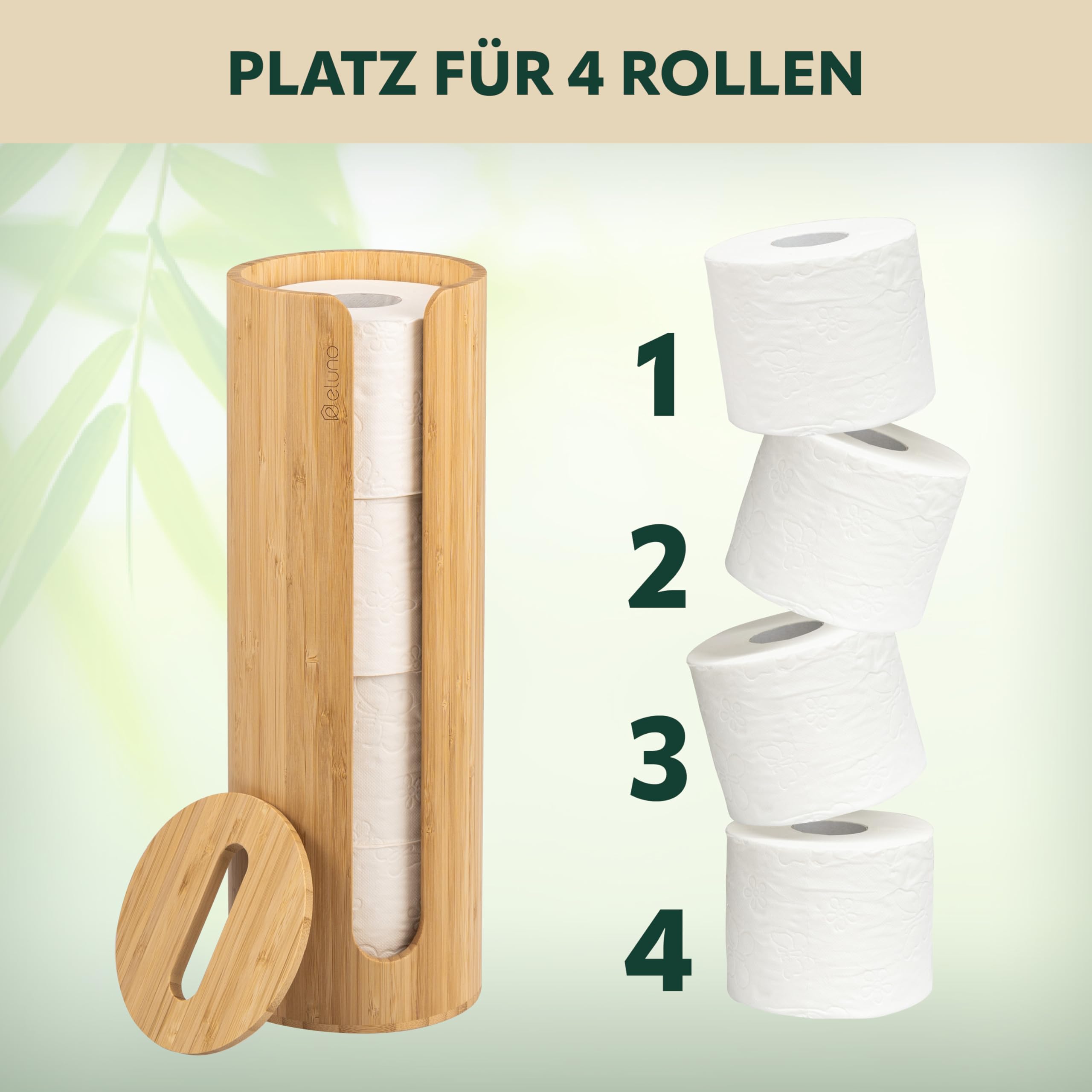 Eluno Rangement pour 4 rouleaux de papier toilette en bambou, porte-rouleau autoportant avec couvercle et étagère