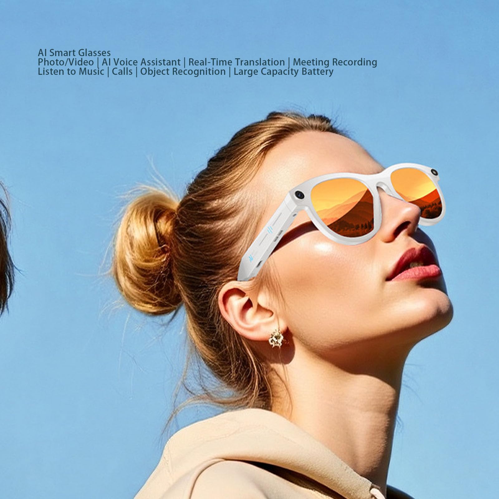 Fockety Gafas Inteligentes con IA, Gafas de grabación con cámara de 8 MP y 1080p, grabación de Audio y vídeo en Tiempo Real, traducción, Unisex, Bloqueo de luz Azul para Viajes