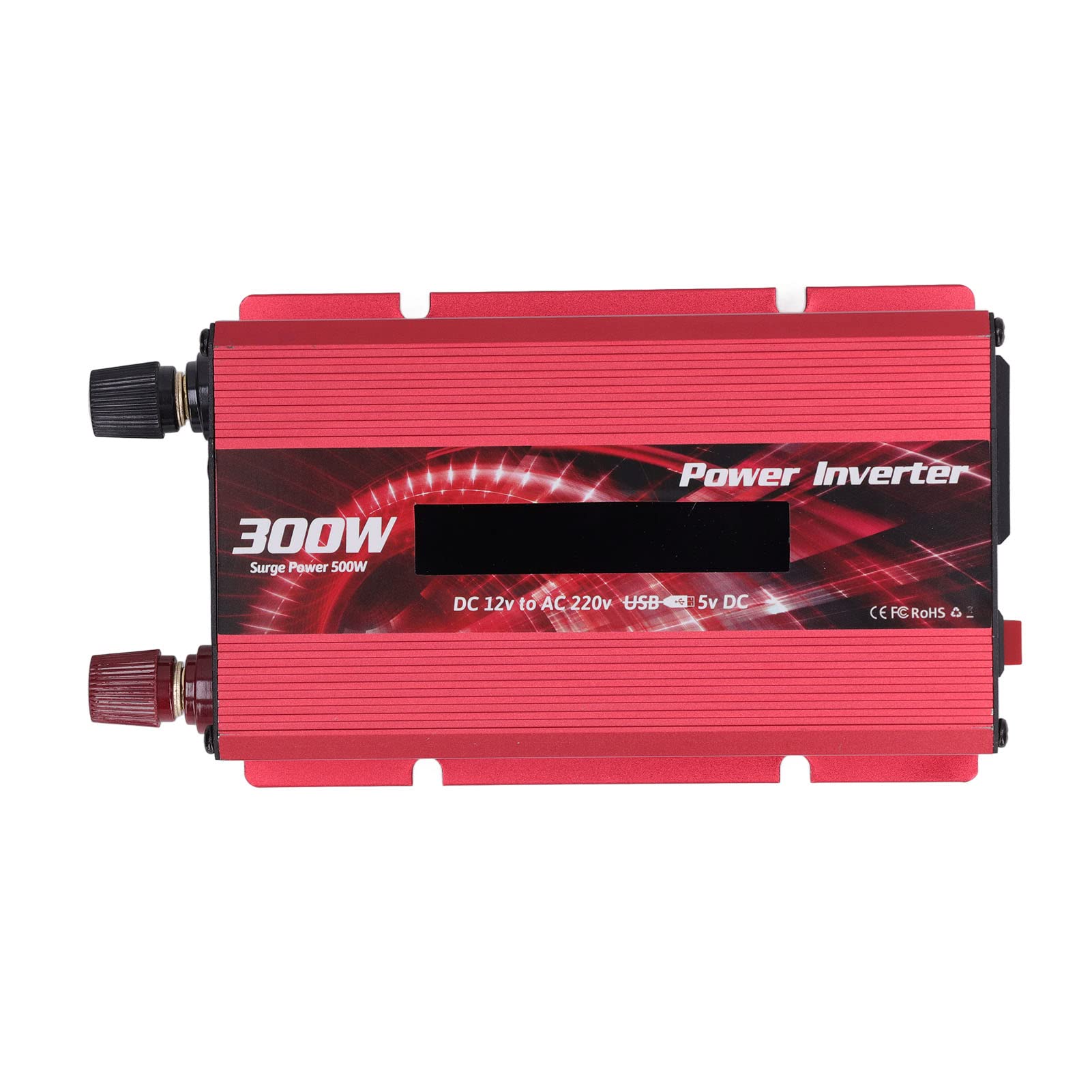 YWBL-WH Konwerter Samochodowy Aluminiowy Falownik 300 W DC 12 V na AC 220 V z 2 A USB Wentylator Chłodzący z Wyświetlaczem LCD Do Podróży Samochodem Wycieczki Drogowe Do Użytku na Zewnątrz (czerwony)