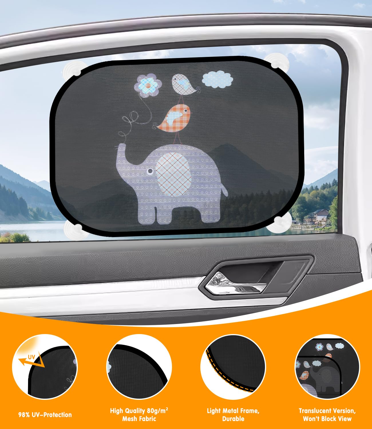 Osłona przeciwsłoneczna Baby Car z ochroną UV(zestaw 2 szt.), 44x36cm Osłona przeciwsłoneczna dla dzieci z 8 przyssawkami, Przeciwsłoneczna Boczne okno samochodu z uroczymi motywami zwierzęcymi