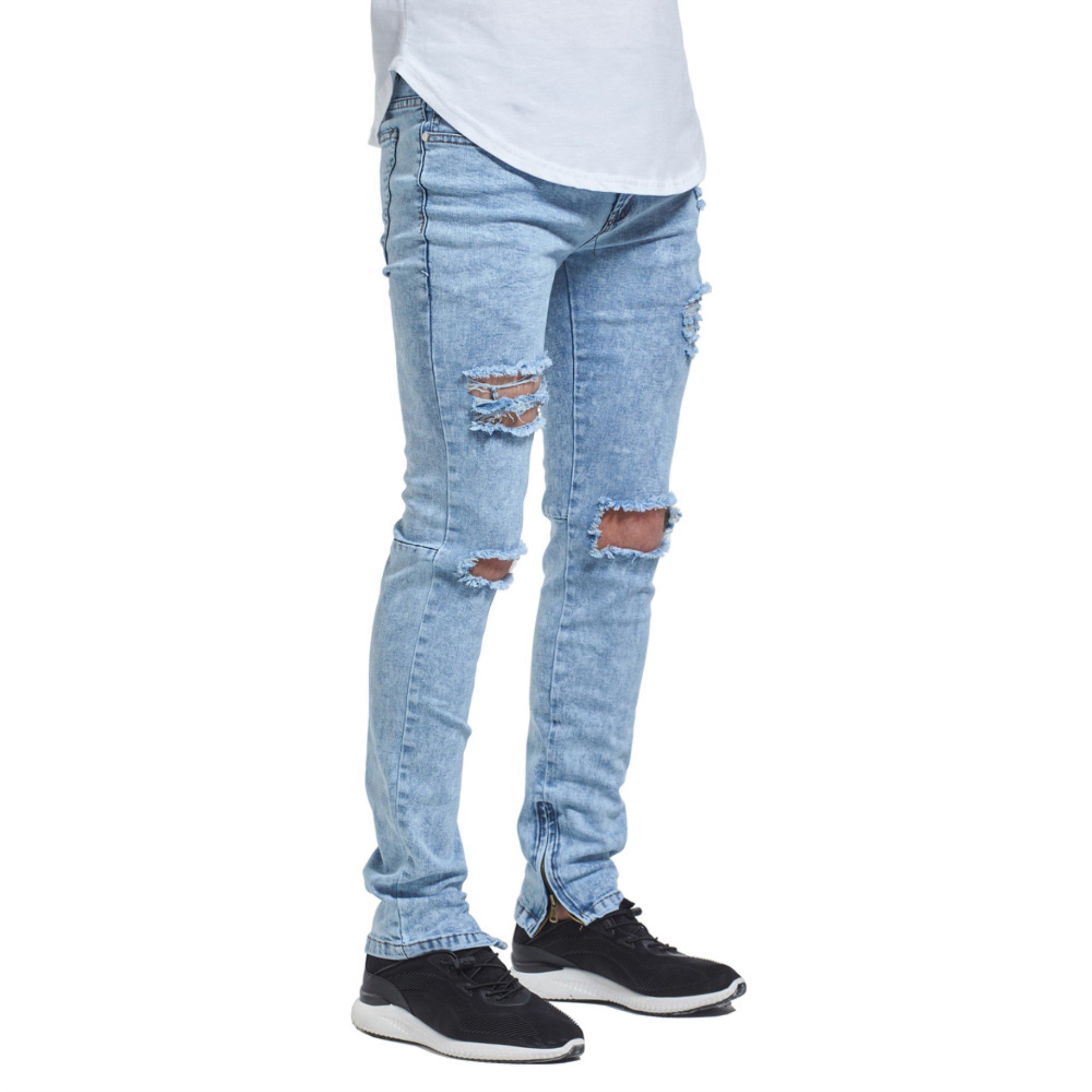 Men's Blue Skinny Ripped Destroyed Distressed Fashion Tapered Leg Slim Fit Jeans 30