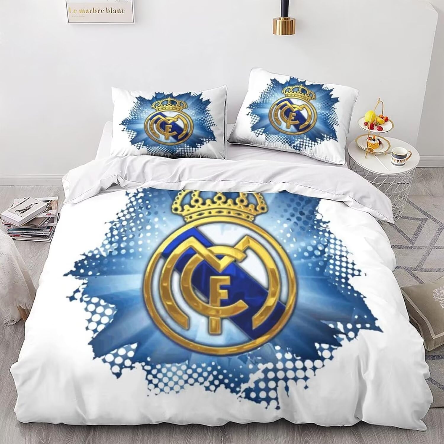 Enfunt-Home Equipo de Fútbol（Cama de 90） Juego de Funda Nórdica 135X200cm Real Madrid Funda de Edredón de Microfibra Suave con 2 Fundas de Almohada 50x75