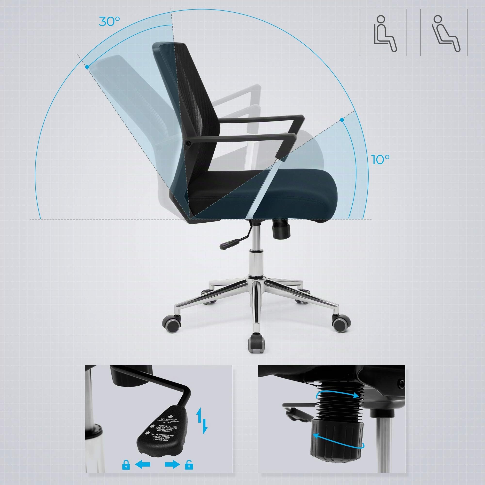 SONGMICS Girevole, Sedia da Scrivania a Rete, Altezza Regolabile, Inclinazione ad Ondeggiamento, Max Portata 150 kg, per Studio Ufficio, Nero OBN83B, Metallo, 6155102