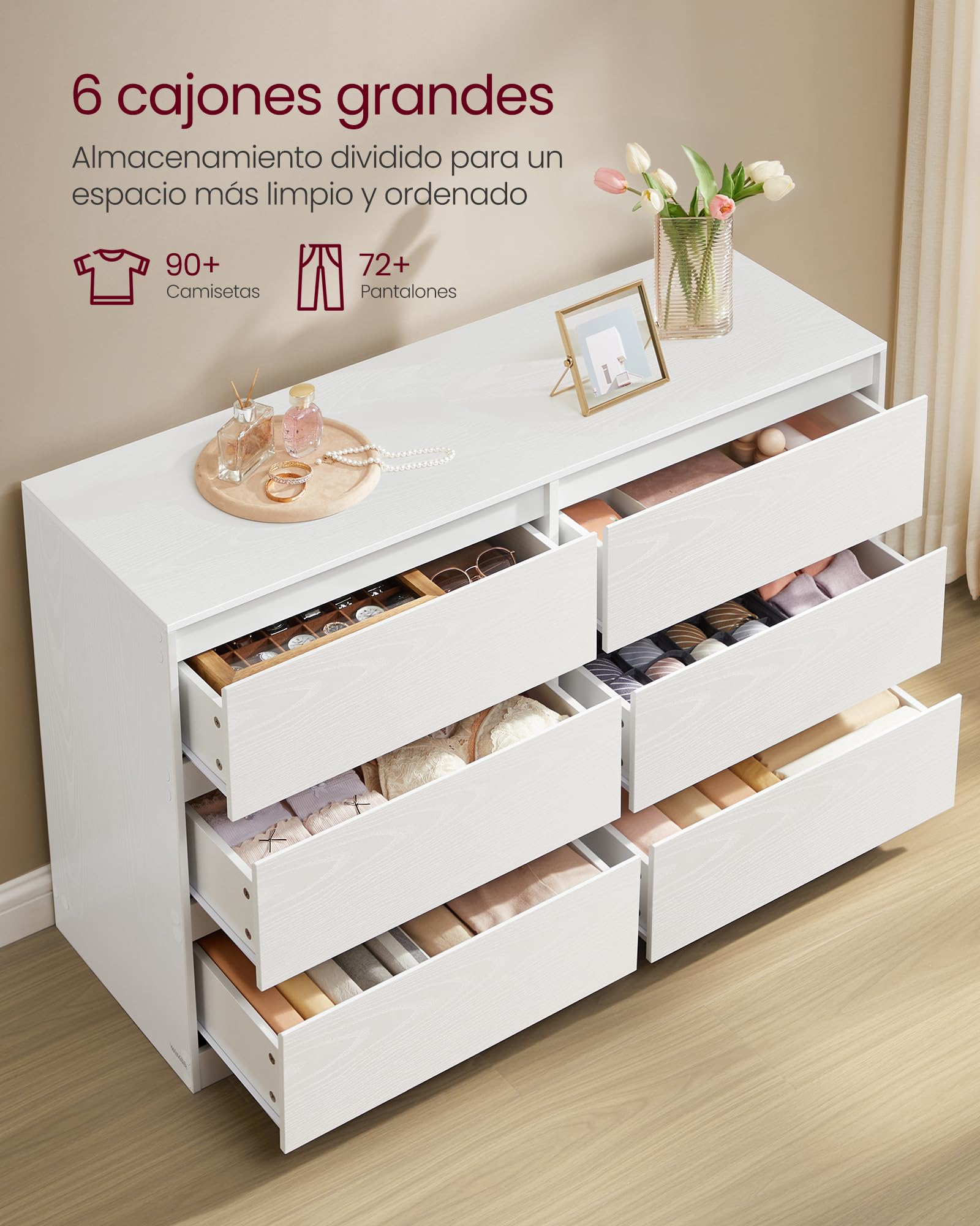 VASAGLE Colección Kailyn - Cómoda de 6 Cajones para Dormitorio, Armario de Almacenamiento, Mueble para Ropa, 40 x 119,4 x 75 cm, Estilo Moderno, Blanco Nieve LTS616W01