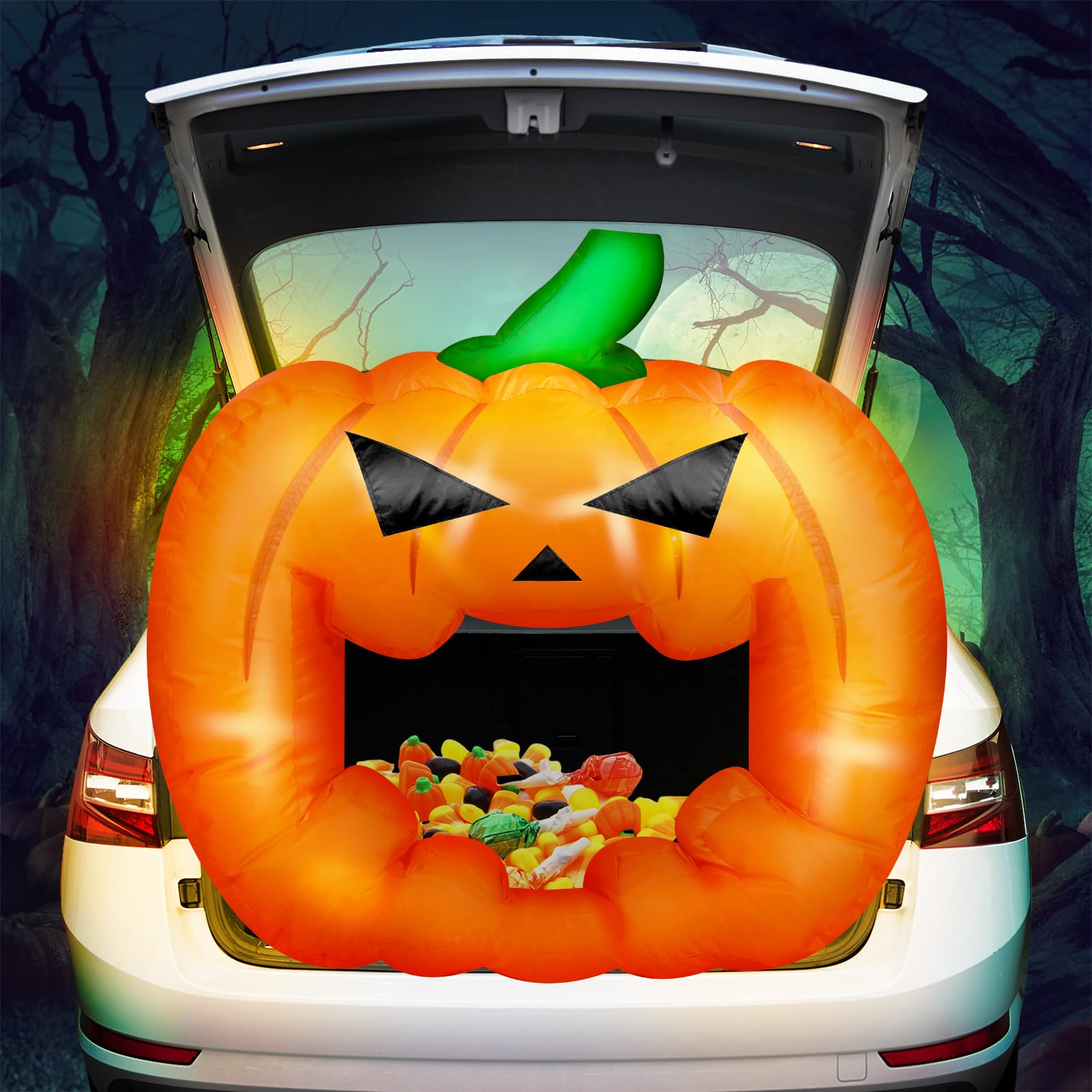 Colingmill 4.3ft Halloween Trunk or Treat Car Decoration Inflatable with Built-in LED Blow up Halloween Inflatable Witch Cat Pumpkin Outdoor Decor for SUV Yard Holiday Party Decor(Pumpkin)