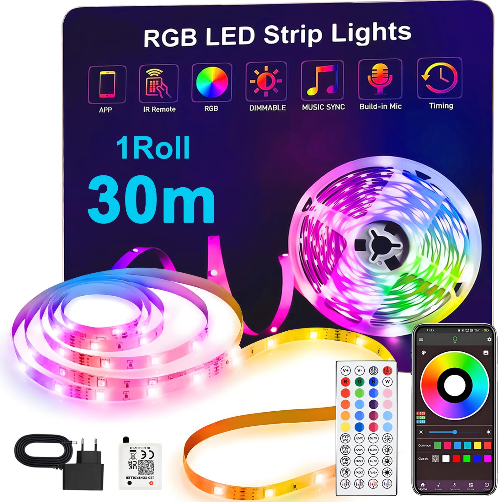 ONSTUY LED Streifen 30m,RGBW Bluetooth Led Streifen mit Fernbedienung und APP,Zuschneidbare LED Strip Selbstklebend,Musik Sync,Dimmbar,Farbwechsel Led Band für Schlafzimmer Spielzimmer Party Deko