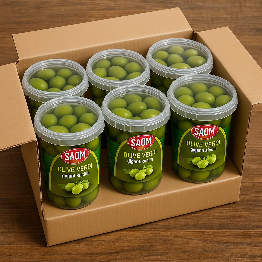 Olive Verdi Nocellara di Sicilia 6x1Kg – Secchiello Richiudibile – Totale 6Kg – Giganti, Carnose e Croccanti – Ideali per Aperitivi, Antipasti e Cucina Mediterranea