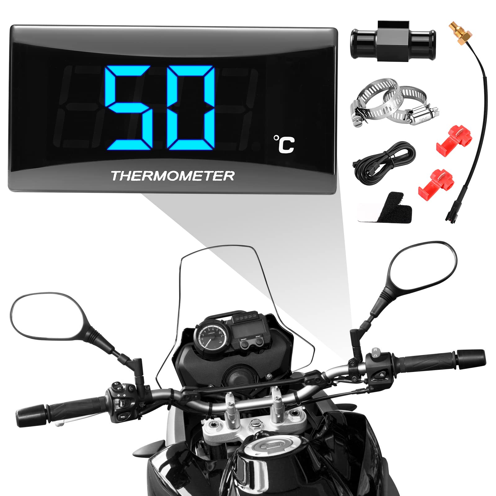 Thermomètre Numérique Universel pour Moto avec 18/22mm Adapter, Capteur de Température de sonde en métal, étanche LED affichage numérique capteur de température lumière bleue pour KOSO (bleu, 22mm)