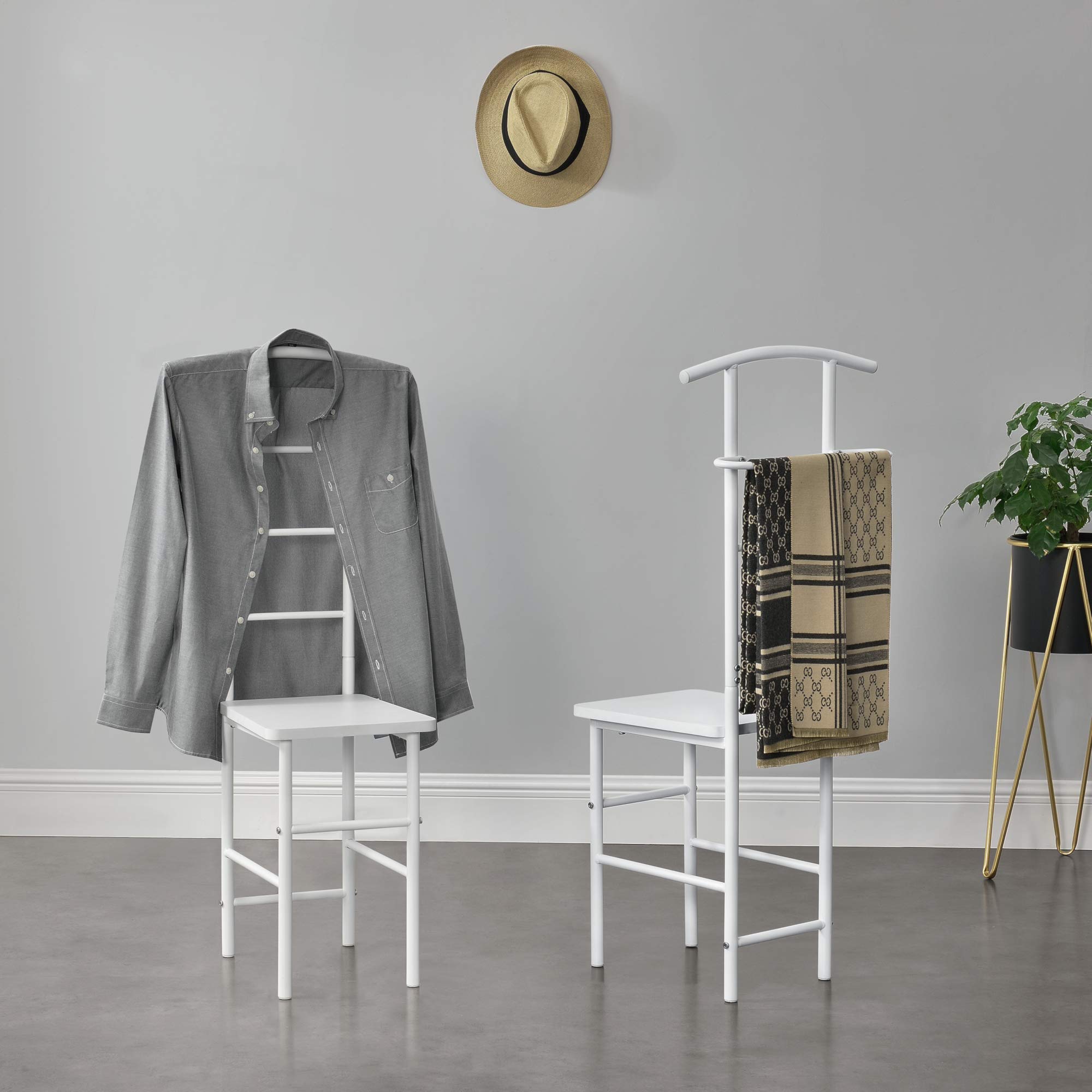 [en.casa] Servomuto con Seduta Gruccia e Portapantaloni Stand Appendiabiti Design a Sedia Porta Abiti Posa Oggetti da Camera - Bianco