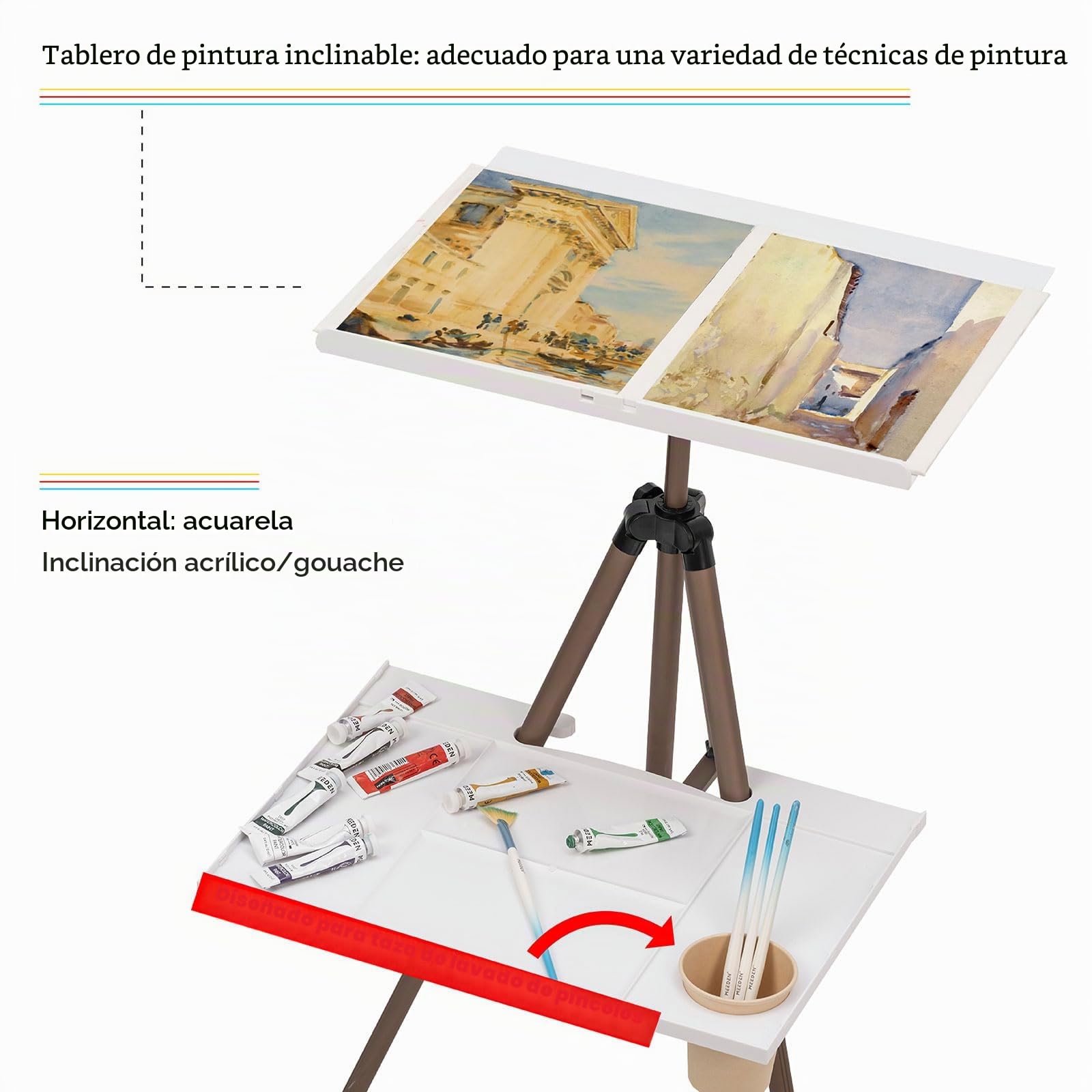 MEEDEN Artist Caballete de acuarela portátil, caballete de campo ligero para acuarelas, extra resistente para pintar sobre el piso, dibujar y exhibir