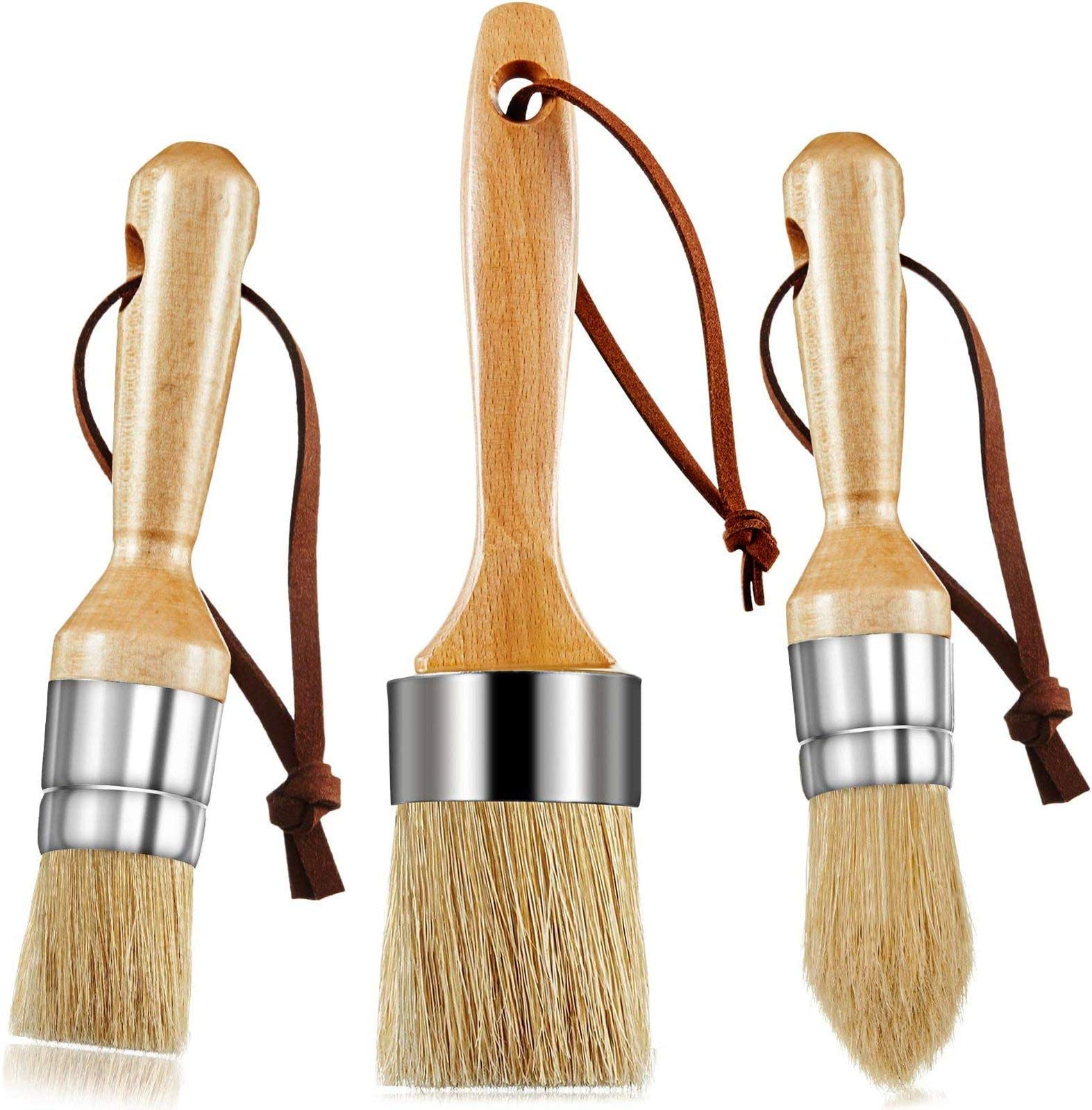 Moxslnas Brown Chalk & Wax Paint Brush (Set Of 3) For Diy Waxing & Painting Projects Natural Boar Bristles, Ergonomic Handles, Minimum Shedding, Milk Paint & Stencil Brushes For Wood Furniture Home Decor (3 Pack)