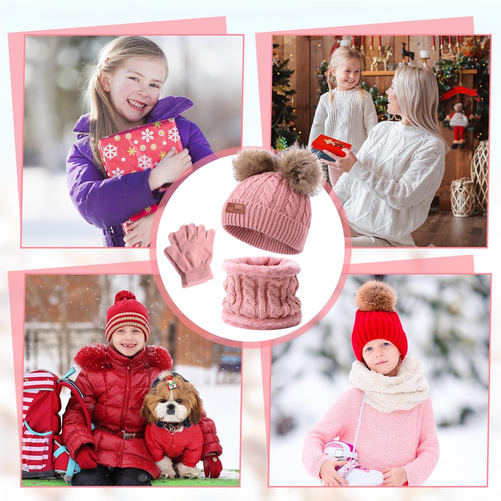 Mineup Conjunto de Gorro, Bufanda y Guantes para Niños - Set de Invierno para Niña de 3 a 8 Años (Rosa)